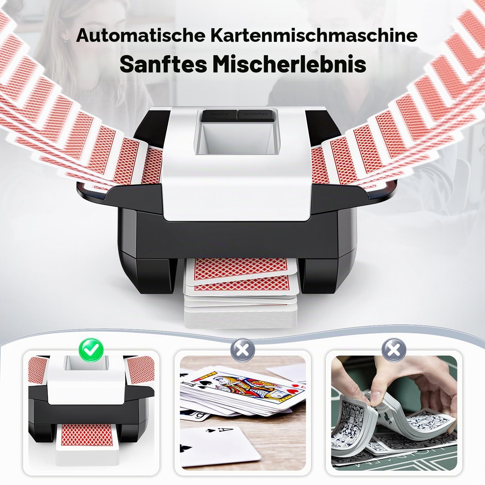 KPAW Automatischer Kartenmischmaschine Elektrisch Wiederaufladbar Zwei Modi 1–2 Kartenspiele Geräuscharm Poker Blackjack