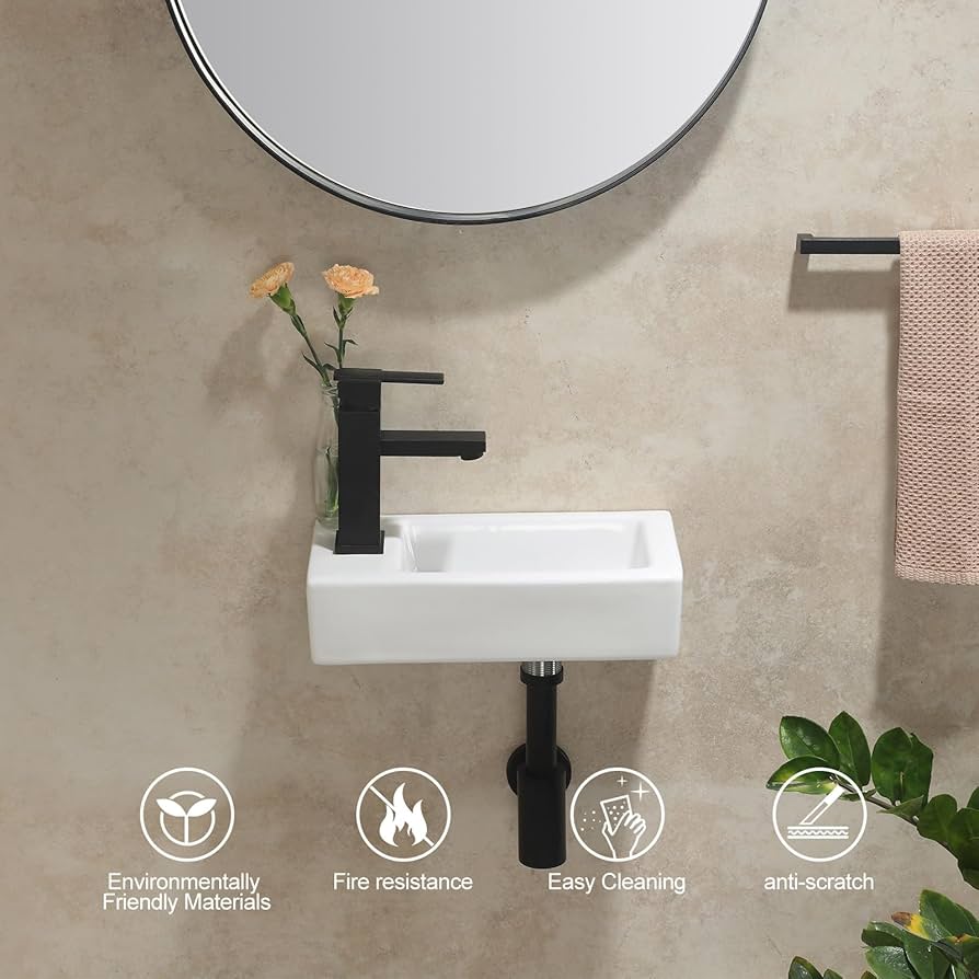 HOROW Small Bathroom Sink | 37x18cm Cloakroom Sink, Rectangular Wall Hung Mini Ceramic Basin With One Left Tap Hole