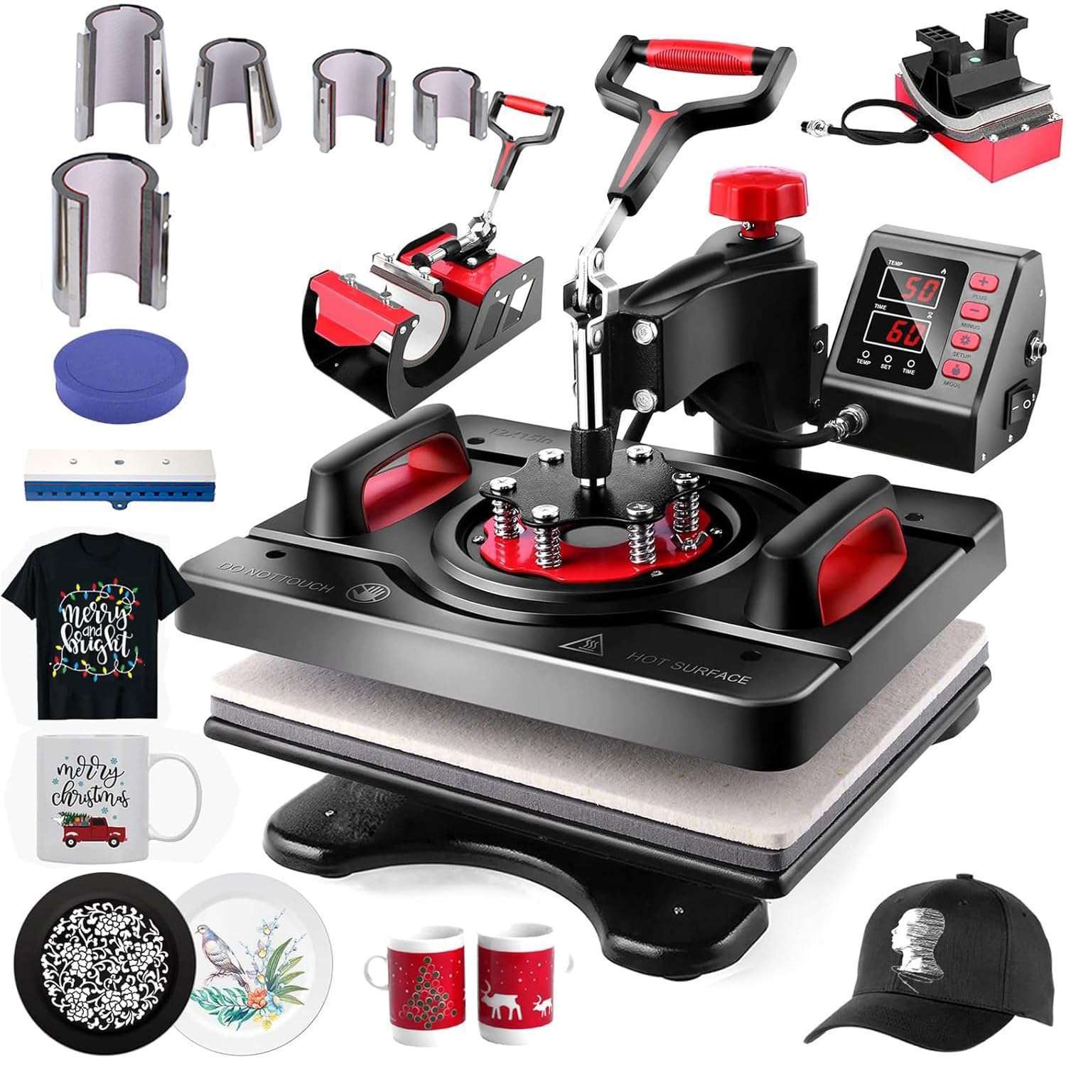 10 in 1 Heat Press Machine Combo 11.4 * 15inch Tshirt Press Machine 360° Swing Away Digital Shirt Printing Multifunction Heat Transfer Clamshell Sublimation for T-Shirt Hat Cap Mug Plate Pen