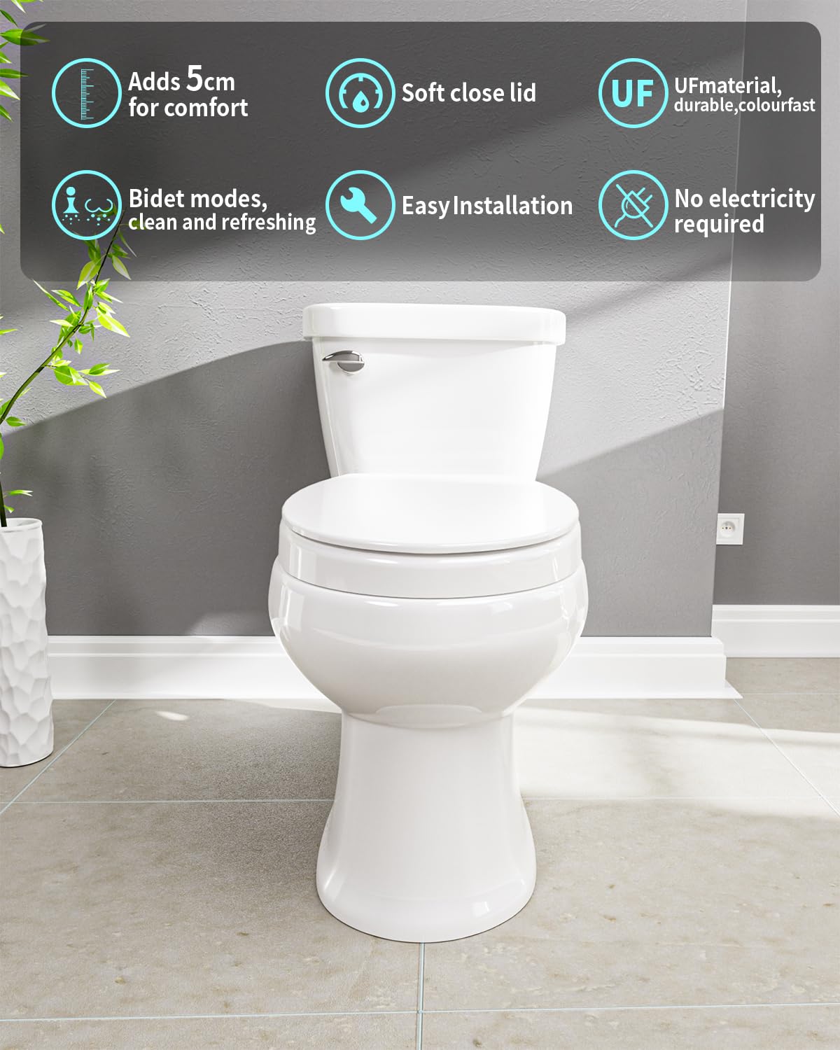 Bidet Toilettensitzerhöhung mit Deckel 5 cm, Weiß Oval