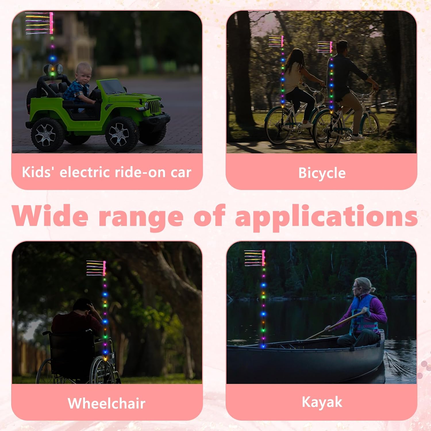 LED Bike Safety Flag Reflective 5.5 ft Lighted Bicycle Safety Flag with Heavy Duty LED Fiberglass Pole Tear-Resistant Waterproof Pink for Bike