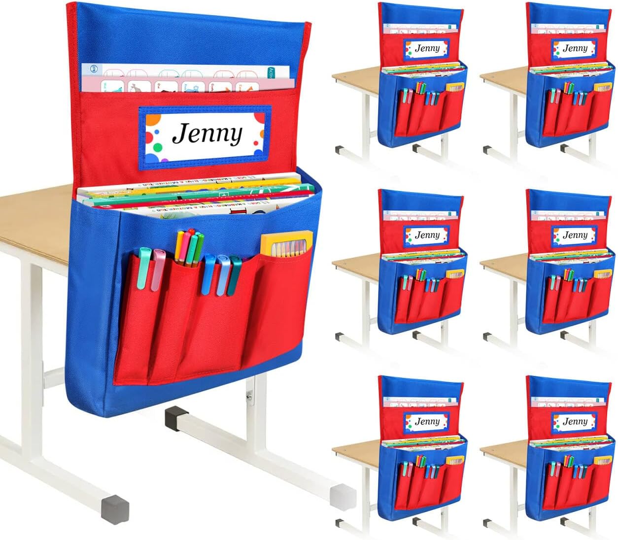 Spardar Chair Pockets for Classrooms, 6 Pieces Blue and Red Chair Pockets with Name Tags for Organizing School Supplies, Suitable for Classroom and Home