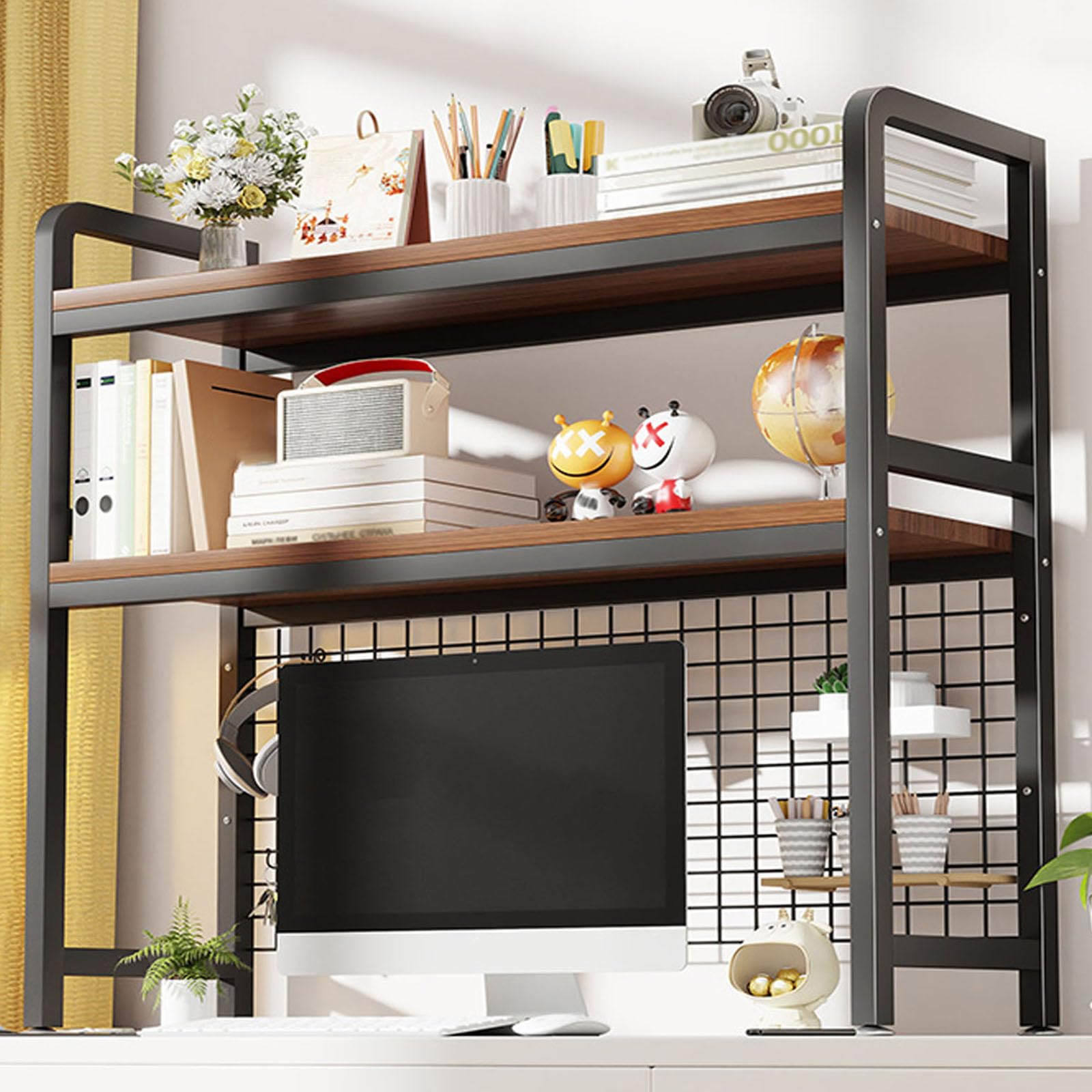 2-Tier Desktop Hutch Bookshelf Metal Desk Shelf Dorm Bookcase for Computer Desk Countertop Storage Organizer Display Rack for Office Home (Black,