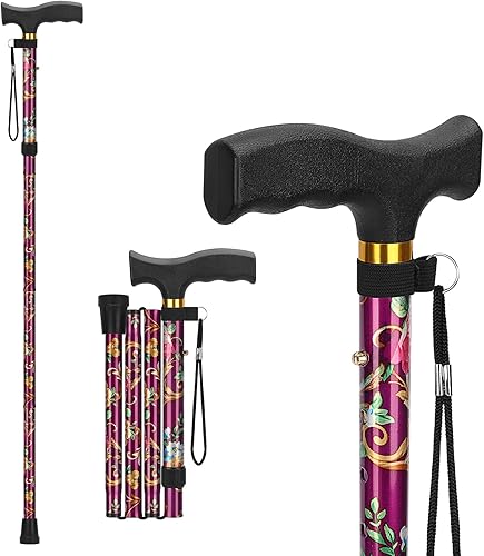 Miniatura 9 de supregear Bastón Plegable, Bastón de Caminar Ligero Ajustable de 5 Niveles con Correa para la Muñeca y Mango en T, Ayuda de Movilidad Portátil para