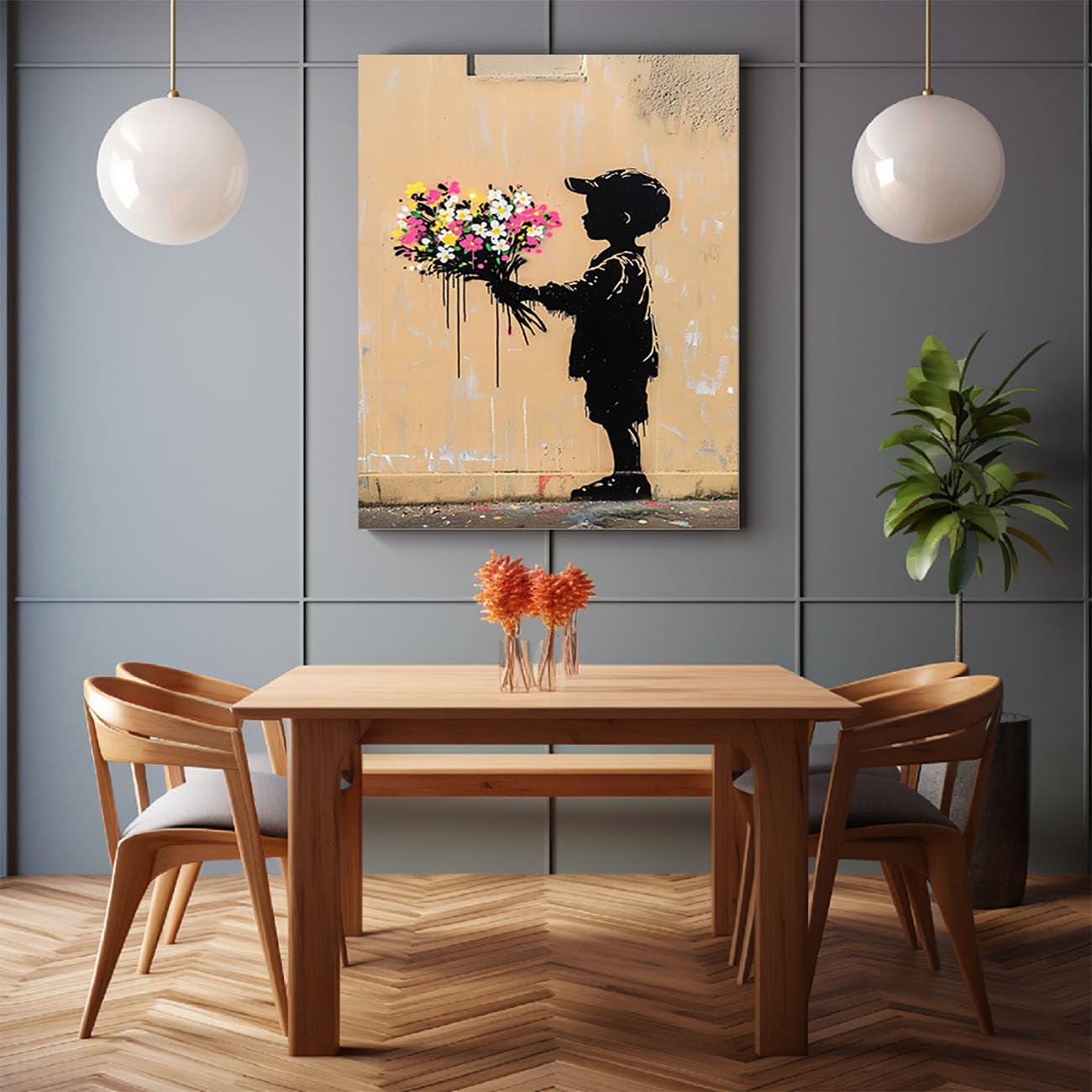 WIKEO Banksy na płótnie, graffiti, słodkie chłopięce kwiaty, do sypialni, dekoracja ścienna, do salonu, nowoczesna dekoracja ścienna, prezent (czerwony) - 70 x 100 cm, oprawiony