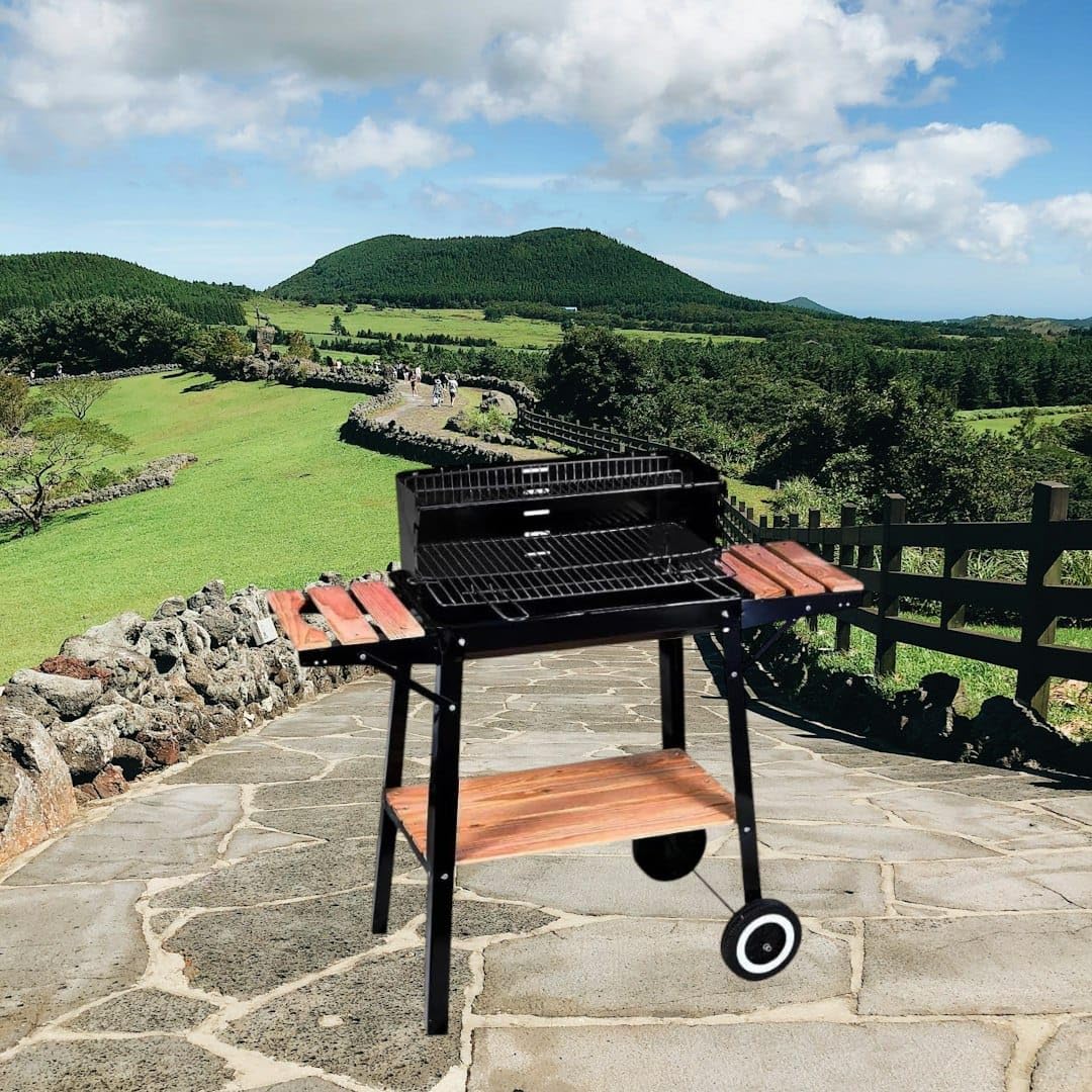 Barbecue Top Fire Empotec da Esterno Griglia Acciaio Antivento Ripiani Ruote Pratico Comodo Facile da Usare Cottura 5 Livelli Grill Carbonella Omaggio Griglia Spiedini