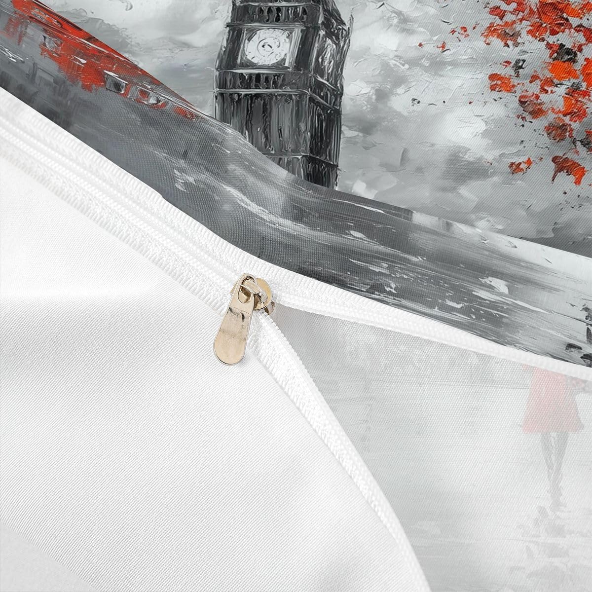 Feelyou London Bedding Set for Couples Soft Microfiber Big Ben Duvet Cover Grey Red Double Decker Bus Pattern Comforter Cove Decorative Cityscape Bedspread Cover Street Full Zipper&Ties
