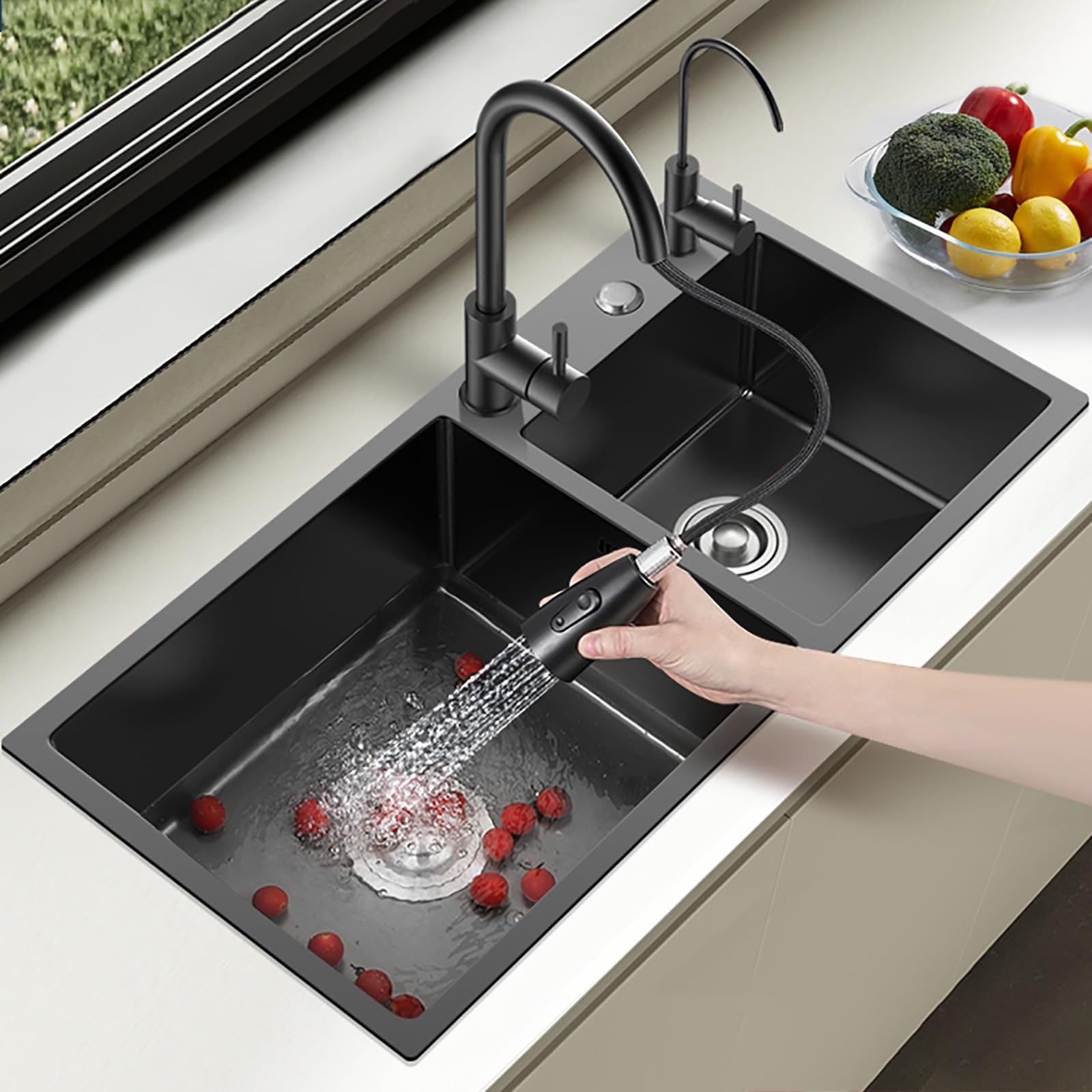 Évier inox noir pour cuisine intérieure avec robinet coulissant 304