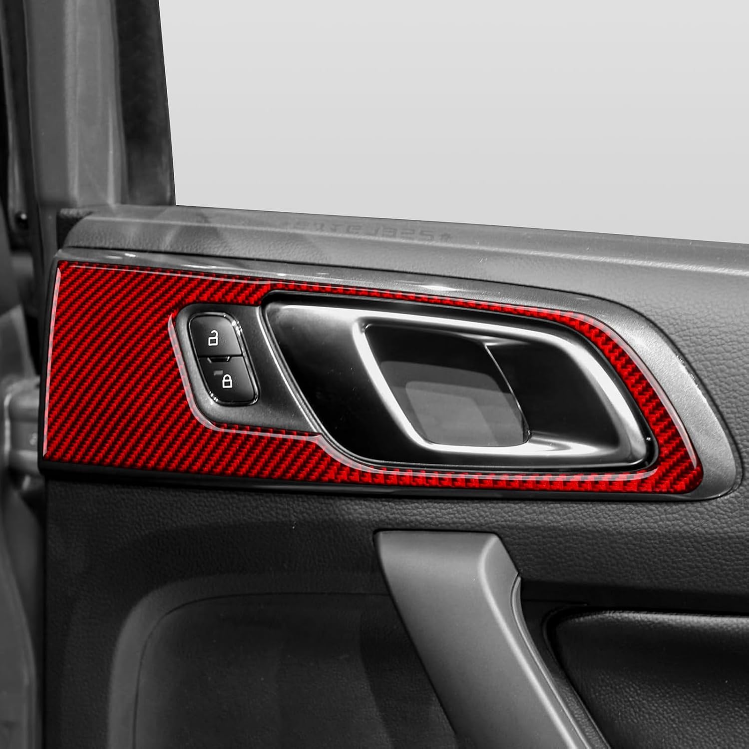 Car Carbon Fiber Rear Door Inner Pull Handle Panel Trim Cover Interior Accessories for Ford Ranger XLT Lariat XL 2019 2020 2021 2022 2023 Red