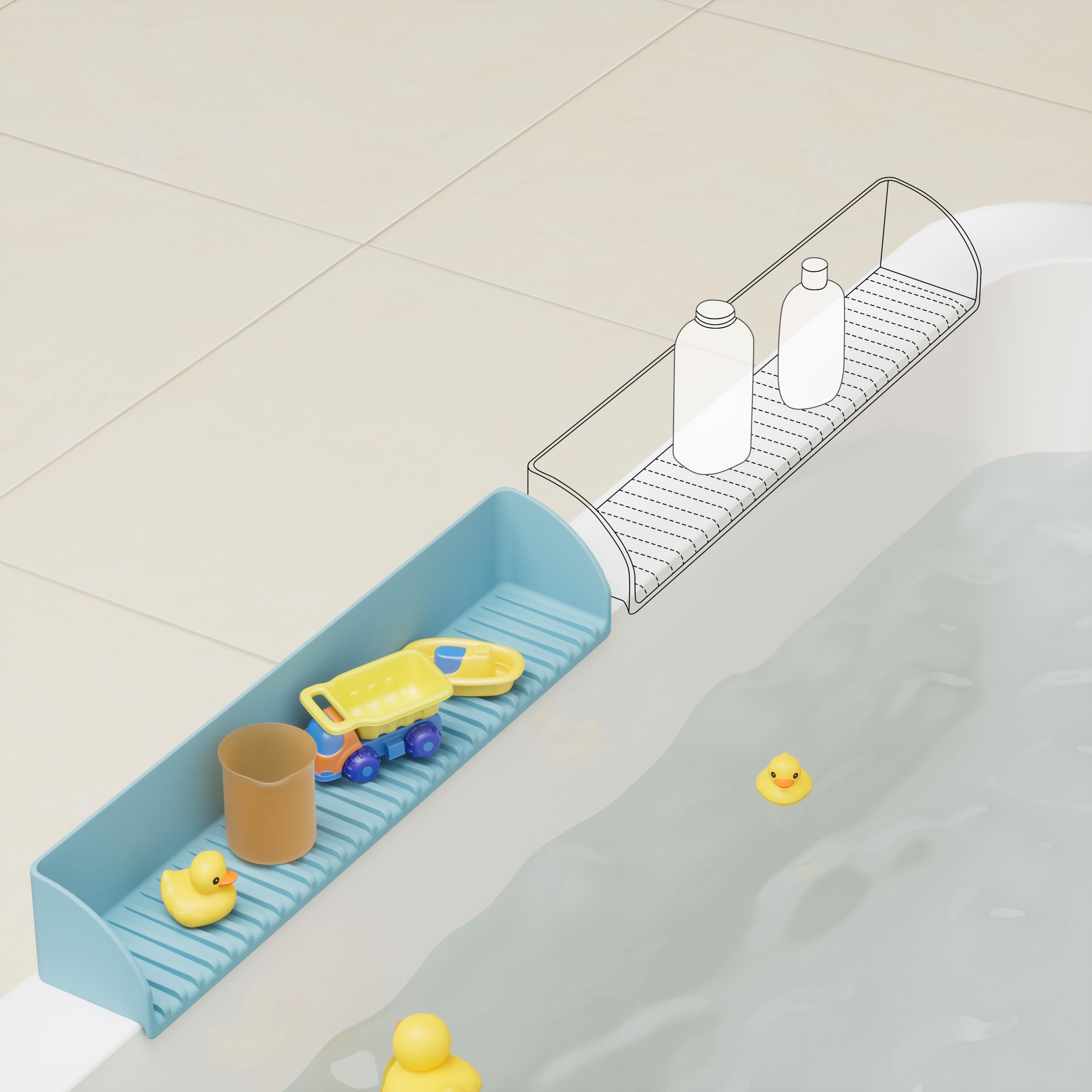 Roslim Bathtub Splash Guard for Tub - Silicone Water Splash Guard with 4 Suction Cups, Bath Toy Holder, Bathtub Play Shelf for Bathing, Bathtub Side