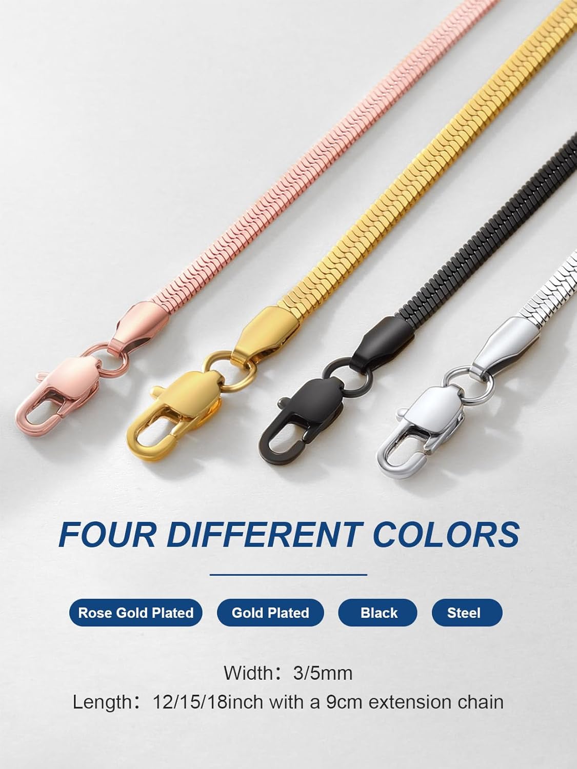 ChainsPro Herringbone Necklace for Women Dainty Flat Snake Chain Layered Choker Necklace Simple Jewelry, Stainless Steel/Gold Plated/Rose Gold Plated/Black, 3/5mm, 12"/15"/18"(Send Gift Box) - Image 4