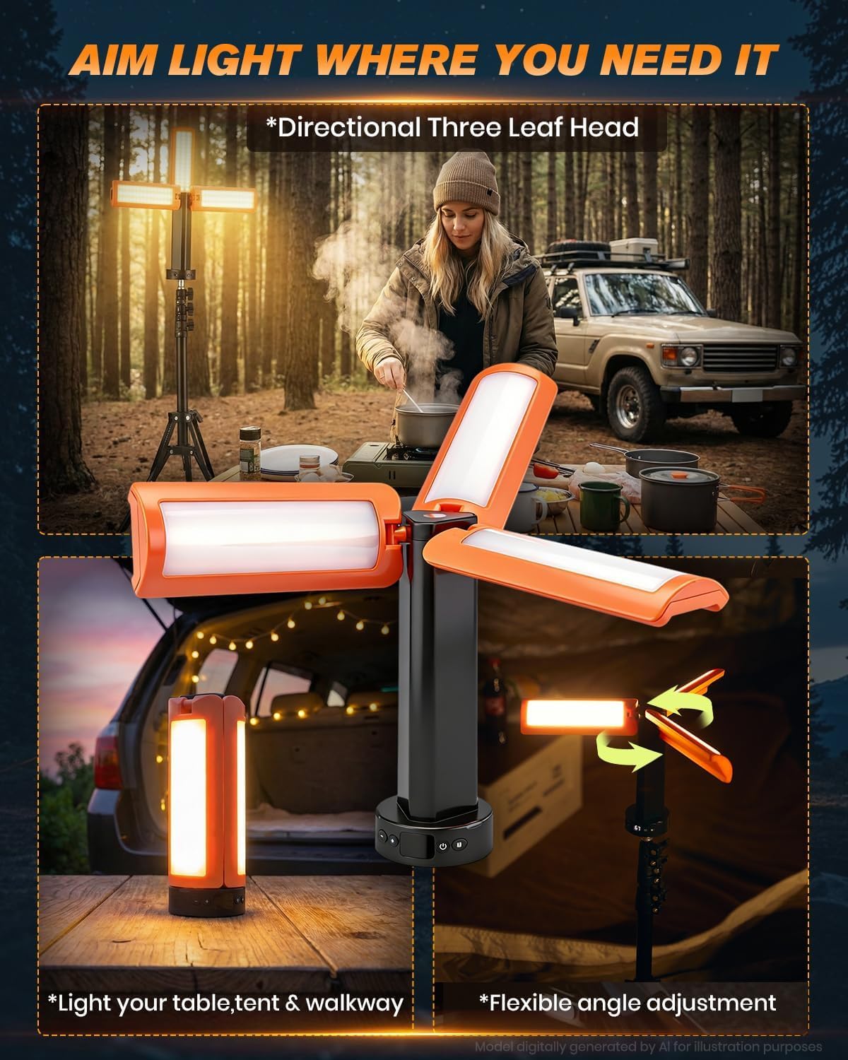 SakerNeo Wiederaufladbare Campingleuchte mit Ständer, 2000 Lumen, tragbare Campinglaterne, 3-blättrige verstellbare Köpfe, 180°/270°, 10400mAh Akku, 5 Helligkeitsstufen, Magnetfuß & Haken zum