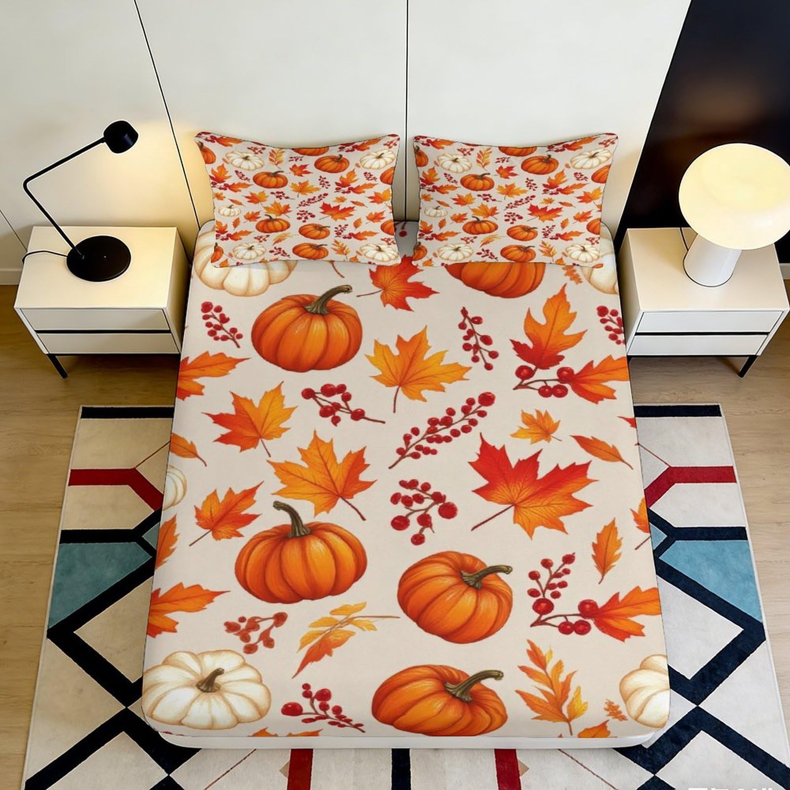 3D Printed Autumn Pumpkin Fitted Sheet Microfiber Bedroom Decor Maple Leaf Mattress Cover for Home Guest Room 160x200x25cm
