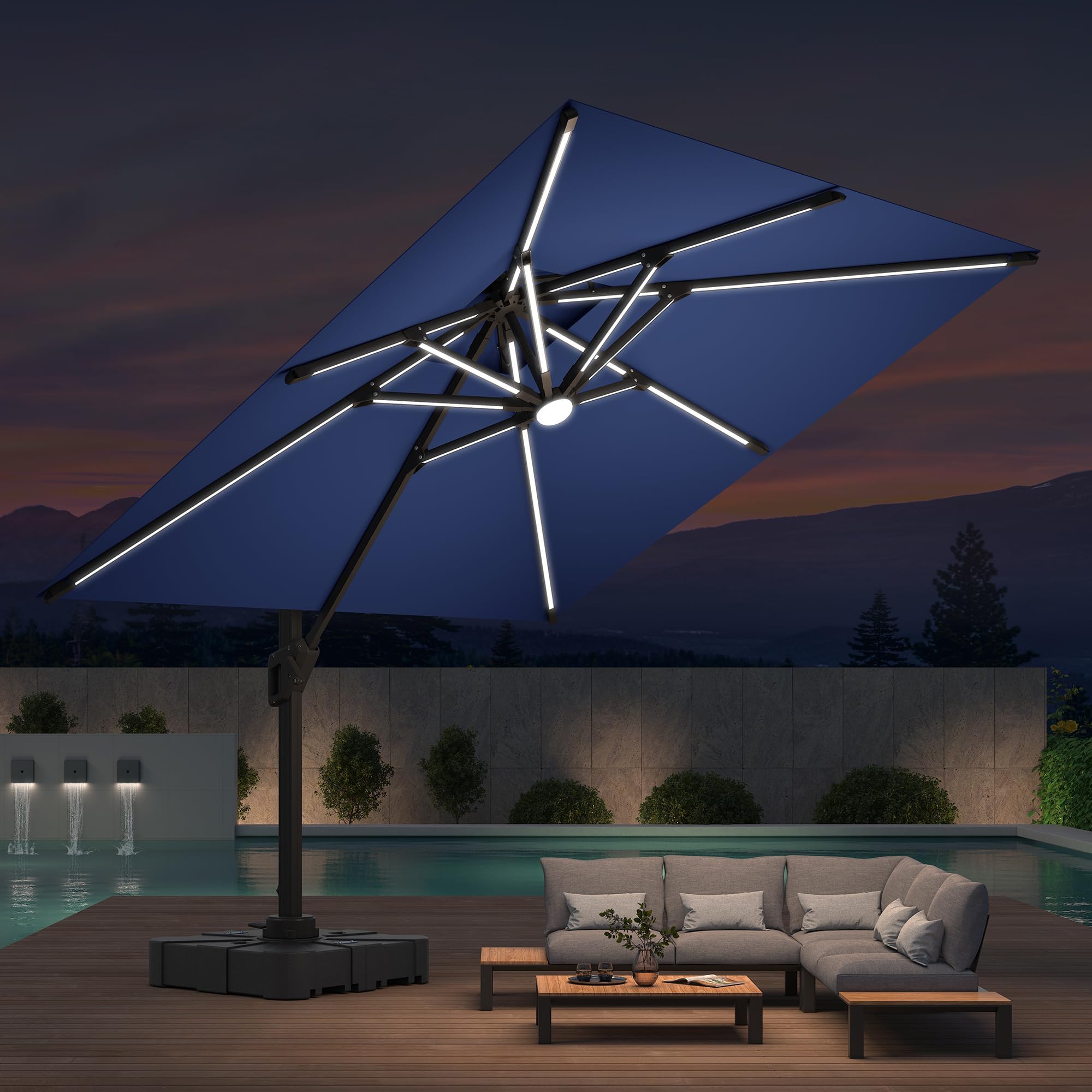 Deconk 10x10 FT Cantilever Patio Umbrella with Led Lights Double Top Outdoor Square Heavy Duty Offset Umbrellas 360°Rotation Free-motion Track Tilt Windproof for Pool Deck Garden, Navy