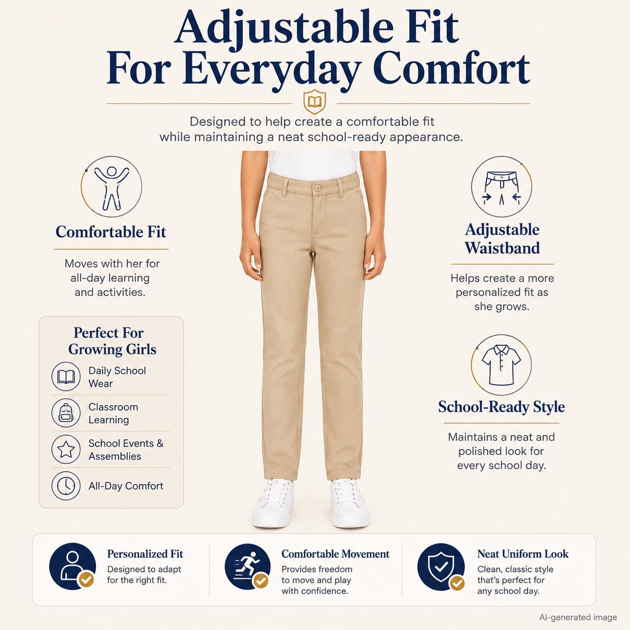 Bienzoe Pantalones de uniforme escolar de algodón elástico con cintura ajustable para niña - beige - 6X
