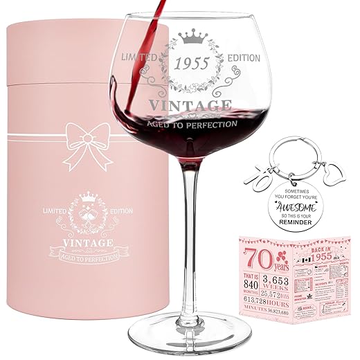 70th Birthday Gifts for Women, Vintage 1955 Platinum Print Wine Glass, 70th Birthday Decorations for Women, Funny 1955 Birthday Gift Ideas for Women, Wife, Friends - 16Oz Wine Glass