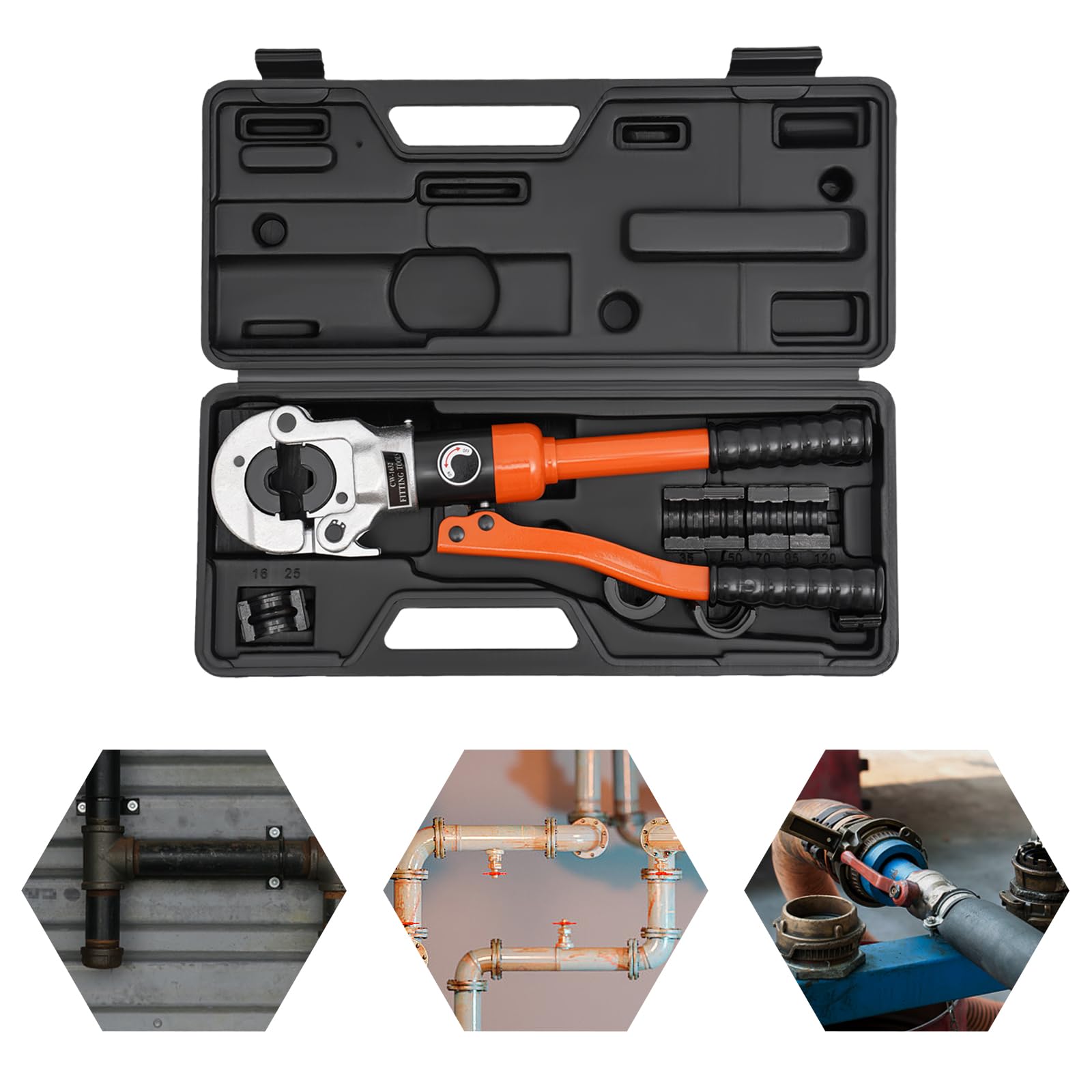 Szczypce hydrauliczne, szczypce do zaciskania końcówek kablowych, rozmiar 12-28 mm, szczypce zaciskowe z 5 matrycami zaciskowymi do komunikacji, transportu, ropy naftowej, górnictwa, metalurgii i