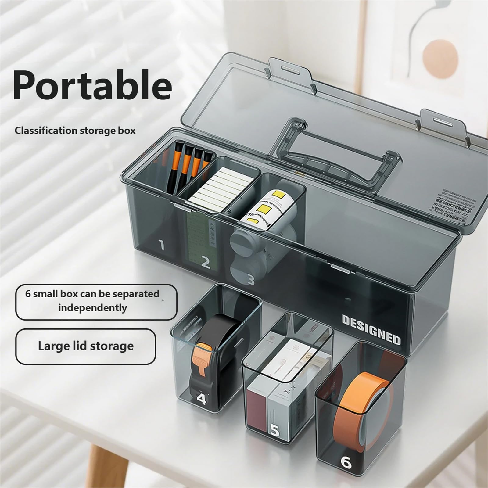 Caja organizadora de piezas transparentes, caja contenedor, función de separadores personalizables, cajas ajustables para talleres eficientes y aplicaciones domésticas
