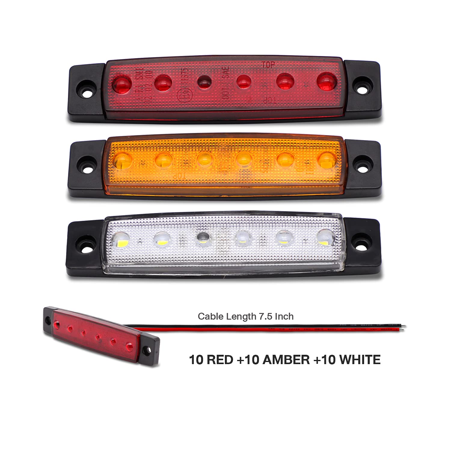 GUWA30 Pcs 3.8" Red Amber White 6 LED Thin Line Trailer Truck Side Marker Lights Clearance Turn Signal Brake Light 12V DC Lorry RV Boat Bus Strip Lamps