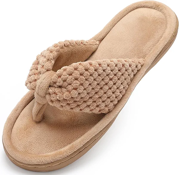 Parlovable Women's Flip Flop Slippers Memory Foam Slip on Thong Slipper, Breathable Cozy Open Toe House Shoes, Anti-Skid Rubber Sole Sandal Indoor Outdoor Camel 5-6