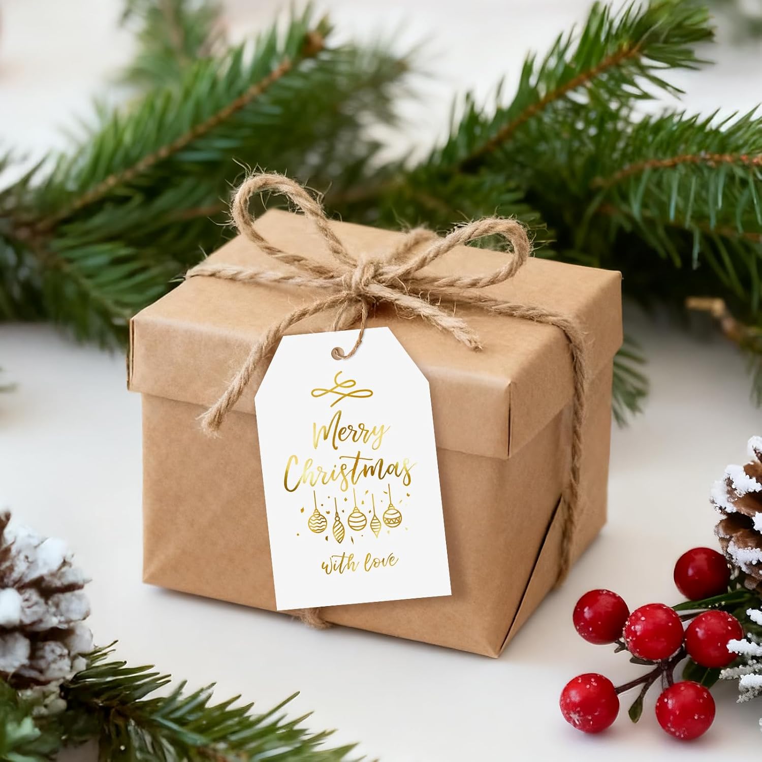 Anwyll Christmas Gift Tags with String - 50Pcs Gold and White Merry Christmas with Love Tags for Gifts Xmas Gift Tag Happy Holidays Hang Paper Label Tag for Present Wrap Goodie Bag Holiday Party Favor - Image 4