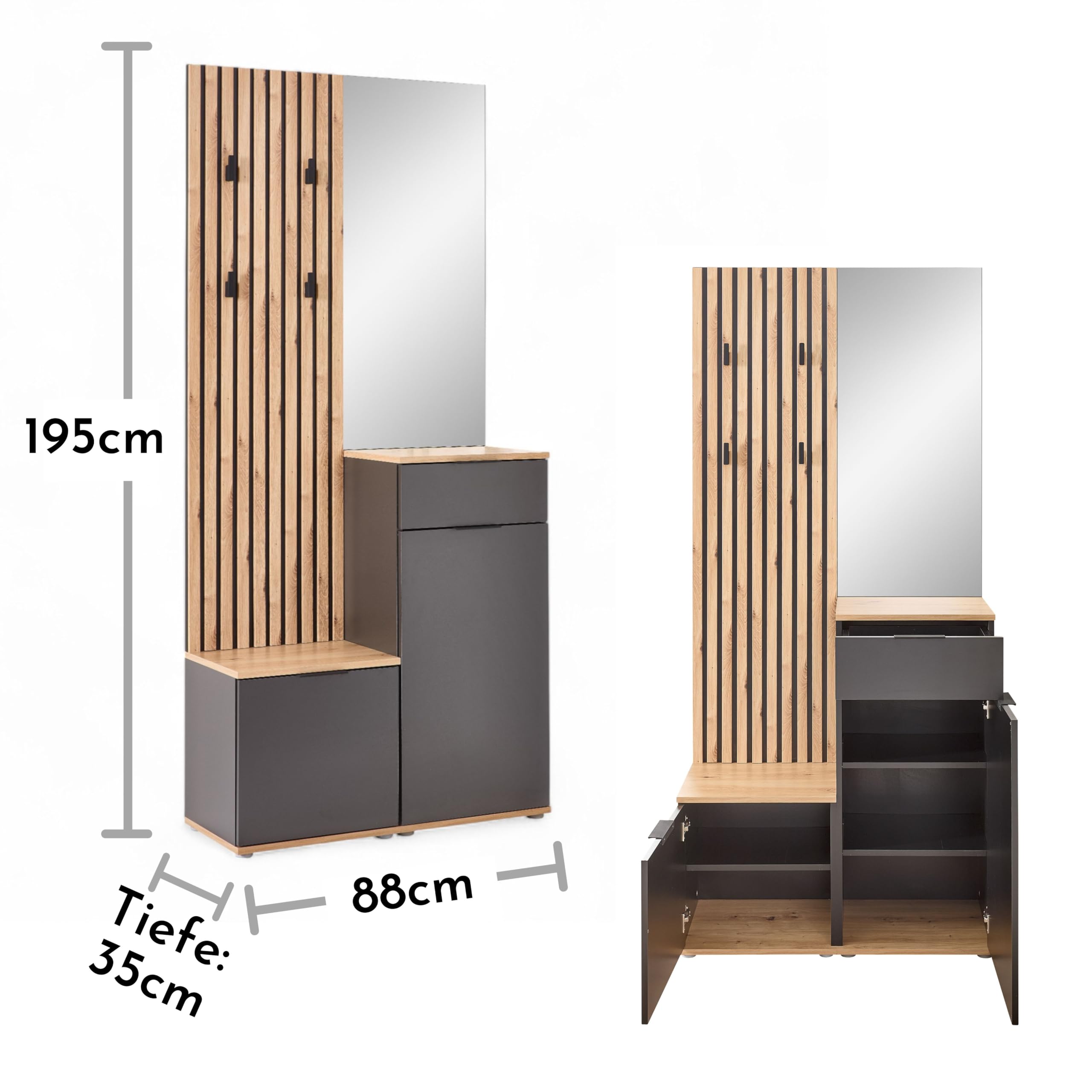 Simple Flurgarderoben Set in Artisan Eiche Optik, Anthrazit - Moderne Kompaktgarderobe mit Spiegel für Ihren Eingangsbereich - 88 x 195 x 35 cm (B/H/T)