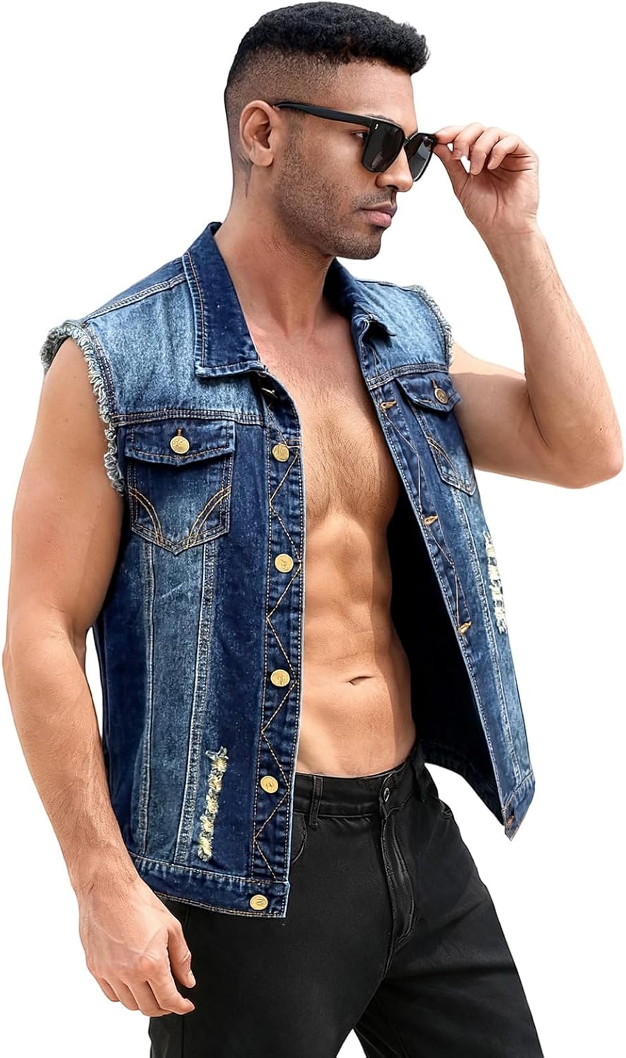 LONGBIDA Men's Denim Vest Casual Slim Fit Sleeveless Jacket Vintage Ripped Summer Jean Vests - Image 4