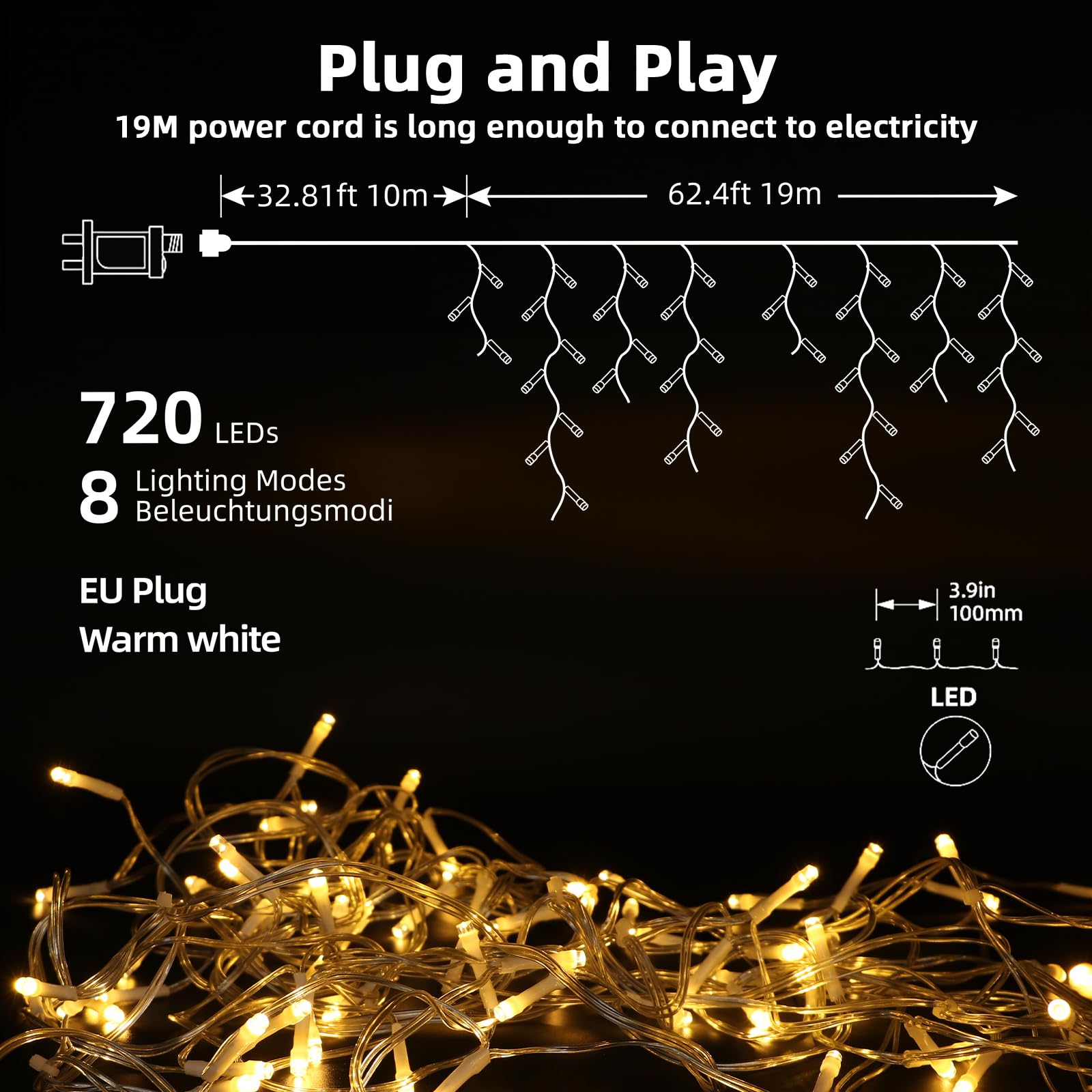 LEDYA Luci di Natale da Esterno, 19M 720 LED Tenda Luminosa Natale, Collegabile fino a 2, 8 Modalità, Impermeabile IP44, Decorazione Natalizia per Esterni per Feste, Giardino, Balcone, Finestra