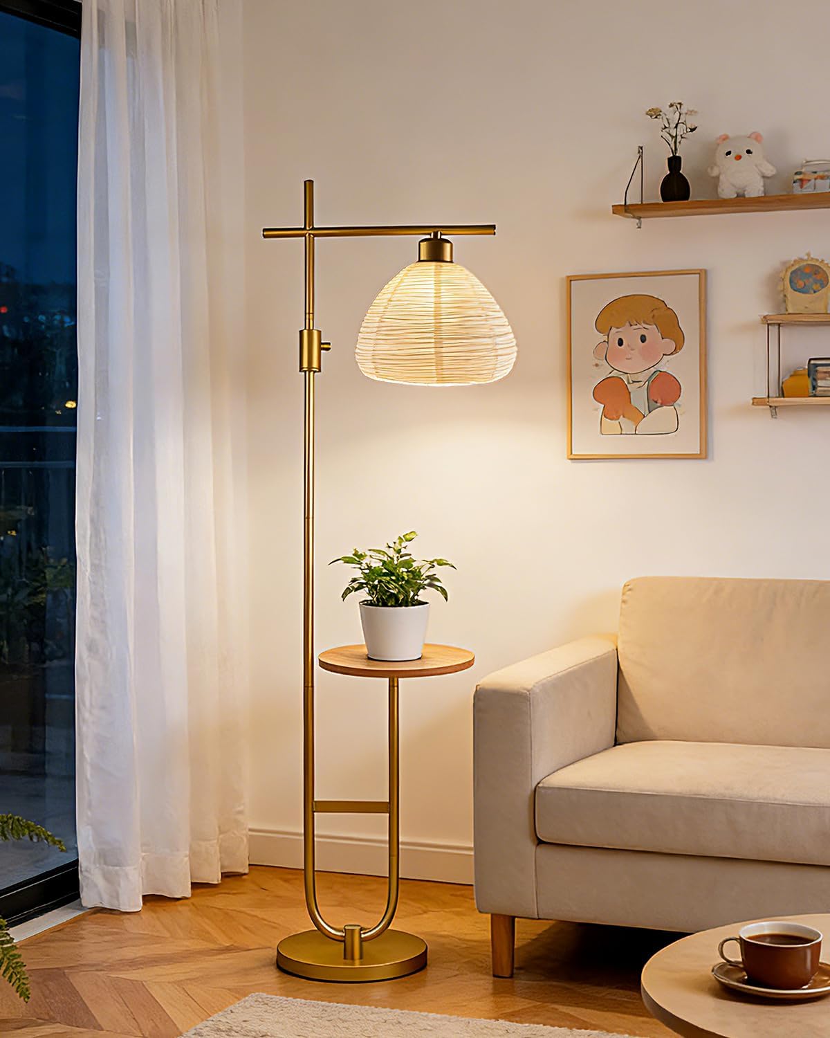 Lightdot Gold Floor Lamp with Table, Modern Standing Lamp Rotary Switch with Shelves, Dimmable Brass Tall Lamps Mid Century Corner Floor Lamp for Living Room, Bedroom, Study, Office - E26 Bulb, 3000K