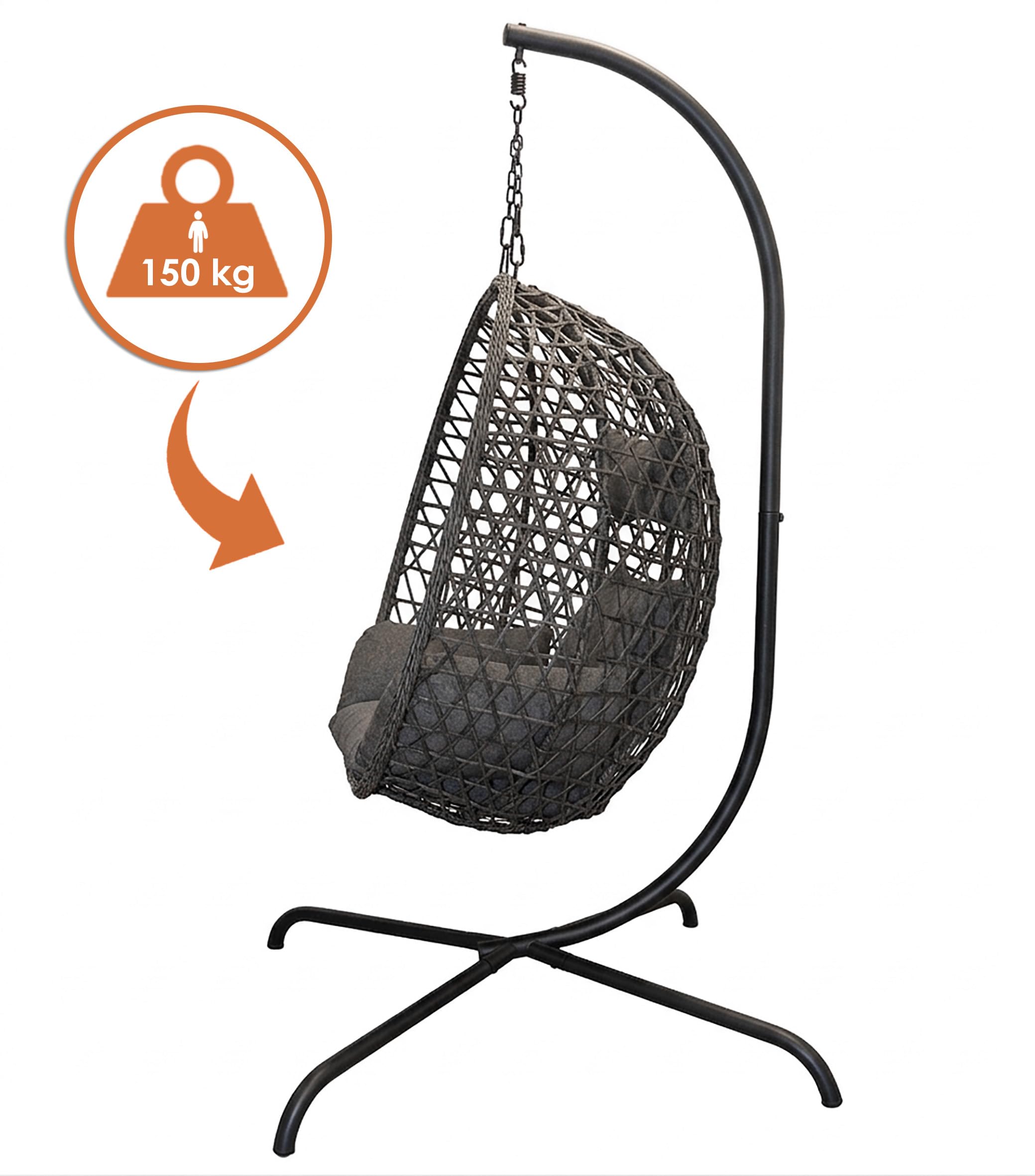 Poltrona sospesa per esterni, con telaio e supporto, 194 cm, antracite, in polyrattan, con cuscino per interni ed esterni, da giardino, in vimini, imbottita, resistente alle intemperie