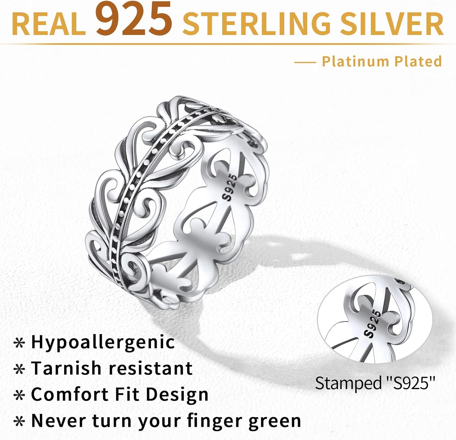 ChicSilver 925 Sterling Silver Retro Filigree Vine Leaf Ring Eternity Wedding Band for Women Men Size 6-13