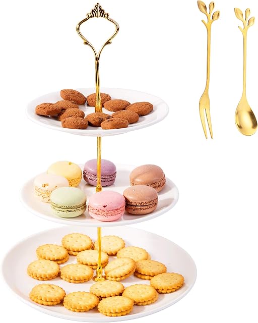 E-ROOM TREND Cupcake Stand Sturdy 3 Tier 9 Ceramic Pure White Classic Style with Gold Poles, Dessert Stand Tower Tree Serving Tray Platter for Wedding Tea Birthday Party (A039)