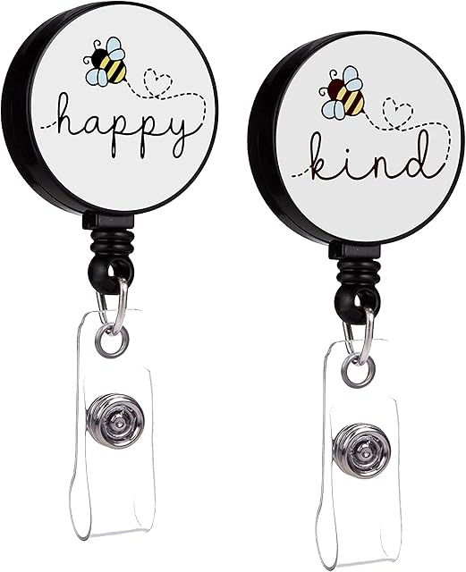 HUBAO 2 Pieces Funny Cute Be Happy and Be Kind Retractable Badge Reel Holders with Alligator Clip, Nurse, Employee, Teacher, Student Name Tag ID Card (B5)