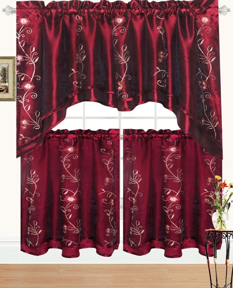Gorgeous Linens Beya Embroidered Kitchen Curtain Swag & Tiers Set - 60"x36" & 30"x36" (Burgundy & Gold)