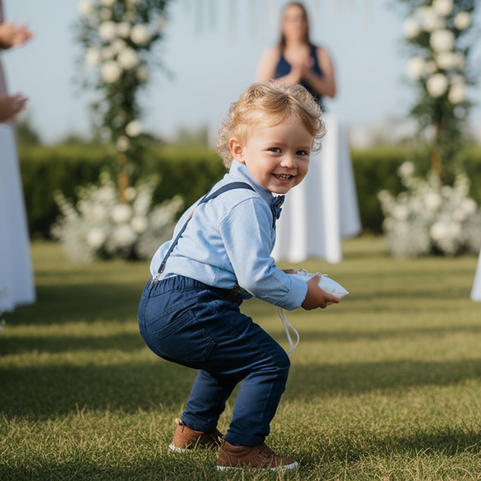 Volunboy Conjunto de ropa para niños pequeños, traje de boda de manga larga, corbatín, vestido formal, camisas, tirantes, pantalones