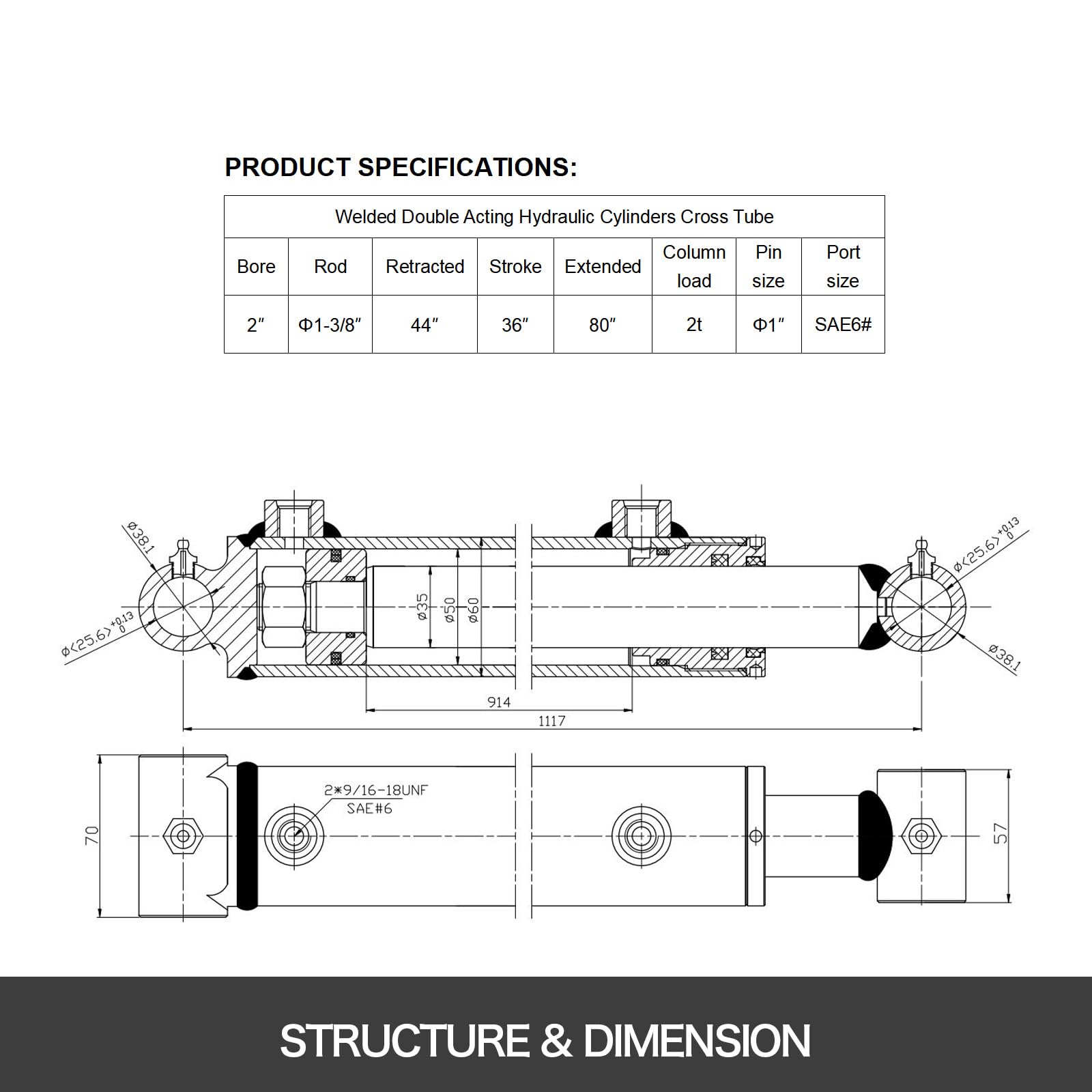 VEVOR Cylindre Hydraulique Alésage 50 mm Course 914 mm, Vérin Hydraulique Soudé 3000 psi,Tube Transversal à Double Effet Port SAE6, Cylindre de Levage Hydraulique