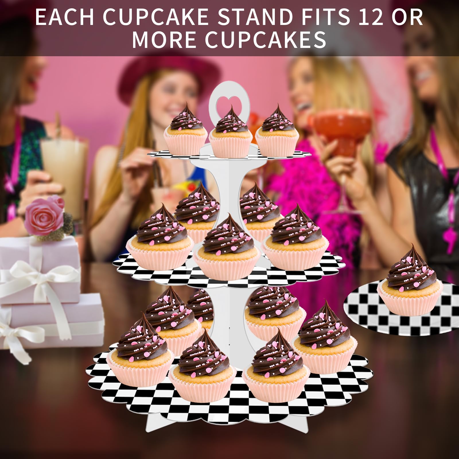 Paquete de 2 soportes para cupcakes de 3 niveles, torre de soporte para cupcakes, soporte de nivel para cupcakes en blanco y negro para fiesta de postres, soporte para cupcakes en capas