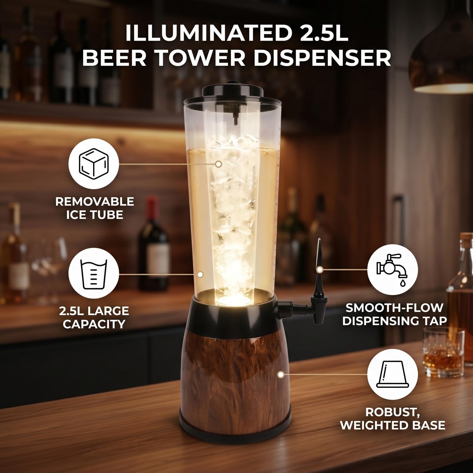 Ejoyous 2,5 L Getränkespender mit Eis-Säule, Kunststoff-Bierturm (Wood