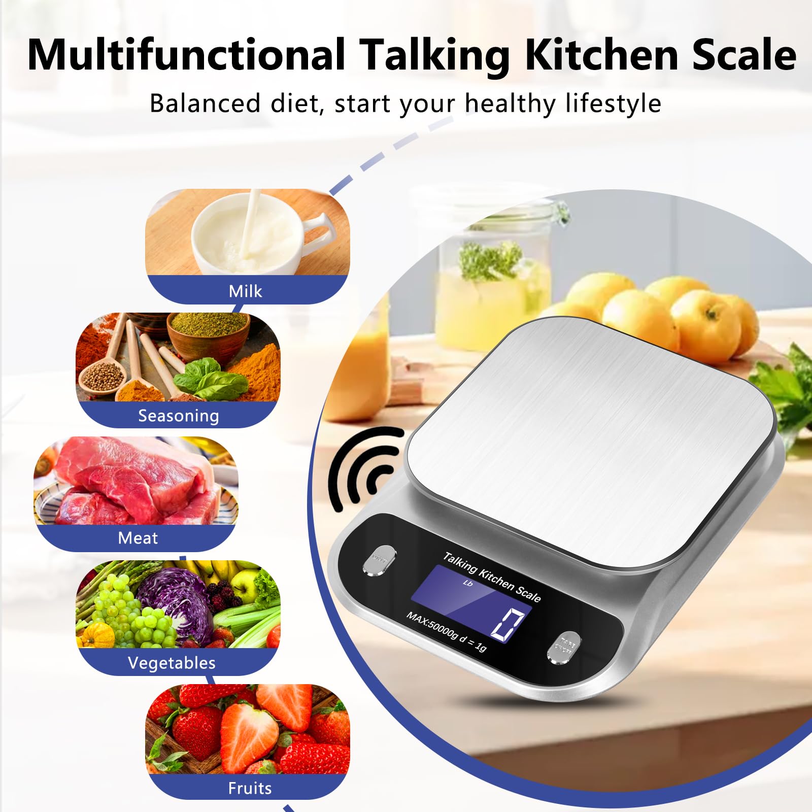 Talking - Báscula digital de cocina multifunción de alta precisión, báscula de alimentos de 5 kg, báscula de cocina de alta capacidad, números grandes con voz clara y fuerte, acento