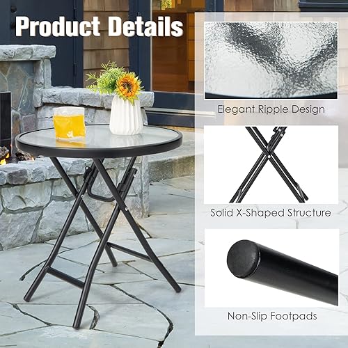 Miniatura 8 de HAPPYGRILL Mesa auxiliar redonda plegable de 18 pulgadas, mesa de centro portátil para patio con mesa de vidrio templado, estructura de acero