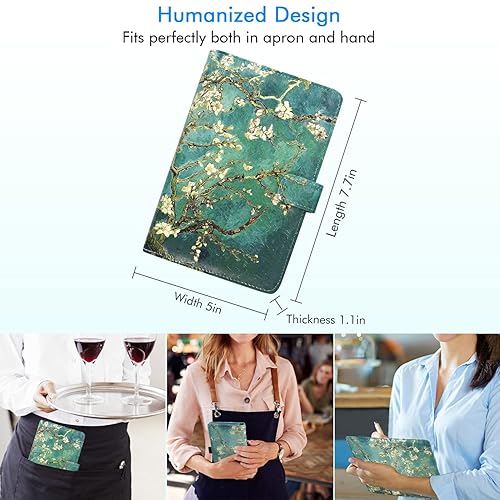 Miniatura 4 de Libreta para camarera de cuero para camarera, organizador de libro con bolsillo con cremallera, lindo libro de camarero con cierre magnético, diseño