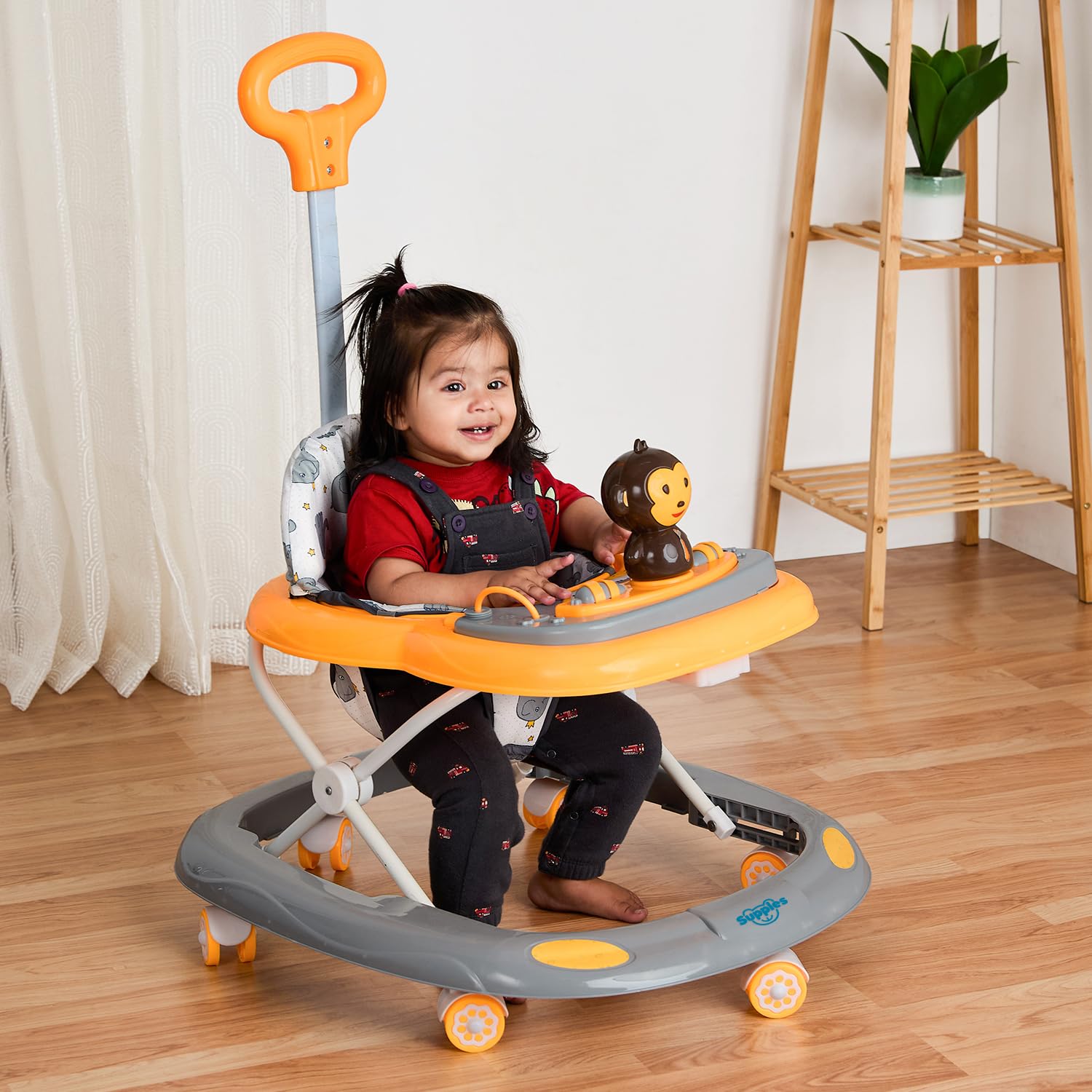 Amazon Brand - Supples Baby Activity Walker with Parental Handle | BIS Certified | 3-Level Height Adjustment, Convertible Toy & Food Tray, Music, 360° Rotating Wheels | for 9+ Months |Grey & Yellow