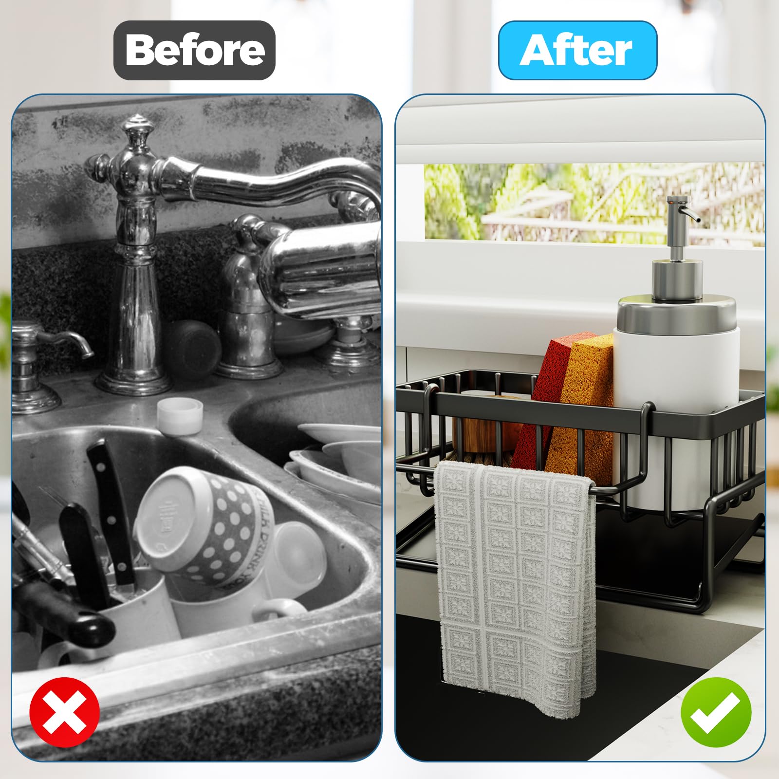 HIYAA Organizzazione e conservazione della cucina, organizzatore lavello cucina con vassoio di flusso automatico, porta spugna lavello cucina con porta asciugamani-nero