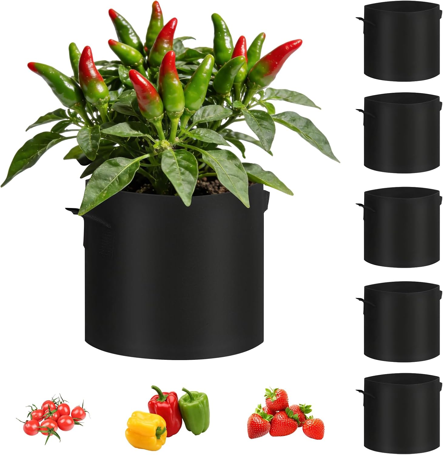 5 Gallon Grow Bags 5-Pack - 300G Heavy Duty Nonwoven Fabric Pots with Reinforced Handles - BPA Free Aeration Planters for Tomatoes, Peppers, Vegetables & Balcony Gardening - Black (30x25cm)