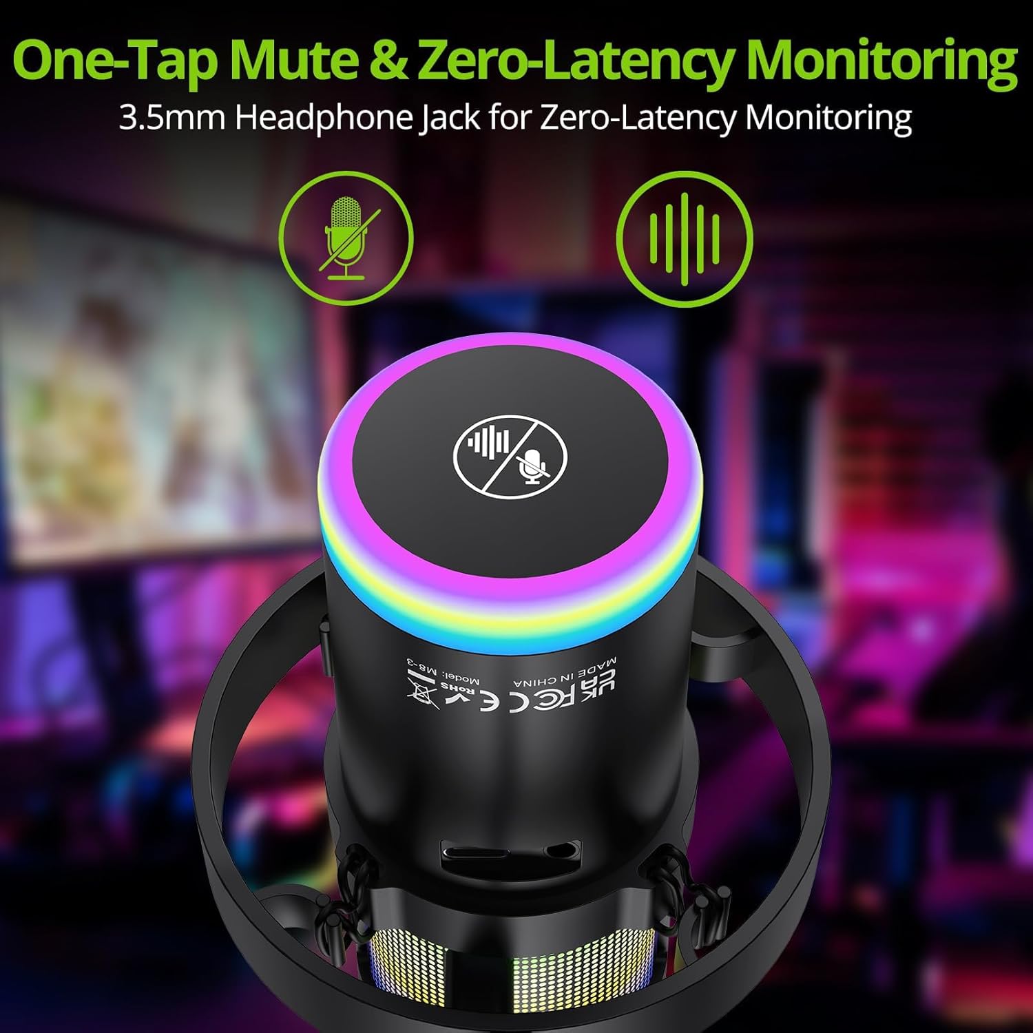 Топ view of LiNKFOR USB Gaming Microphone showing mute button and headphone jack