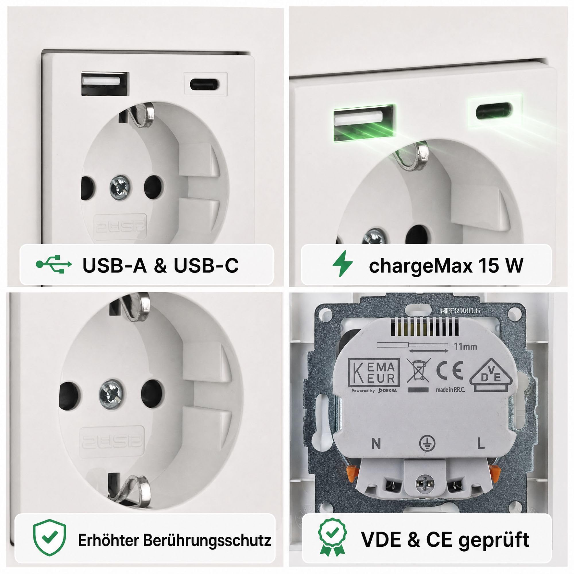 USB-Steckdose chargeMax unter Putz USB-A + USB-C mit Rahmen Ausführung 2USB, Tiefe nur 32mm, Set mit Abdeckung Gira E2 reinweiß matt
