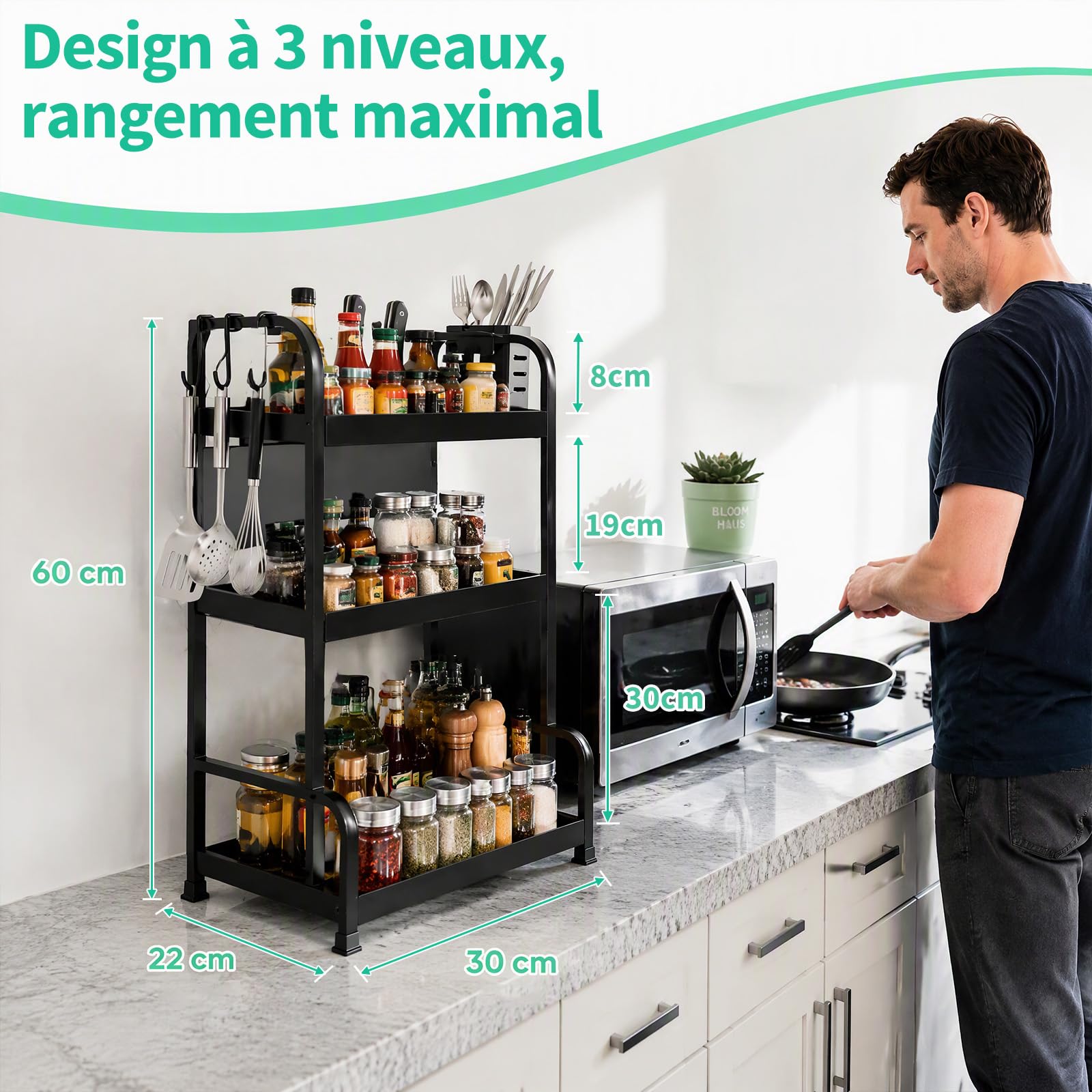 Lubardy Étagère à Épices 3 Niveaux Organisateur Cuisine avec Porte-Couteaux