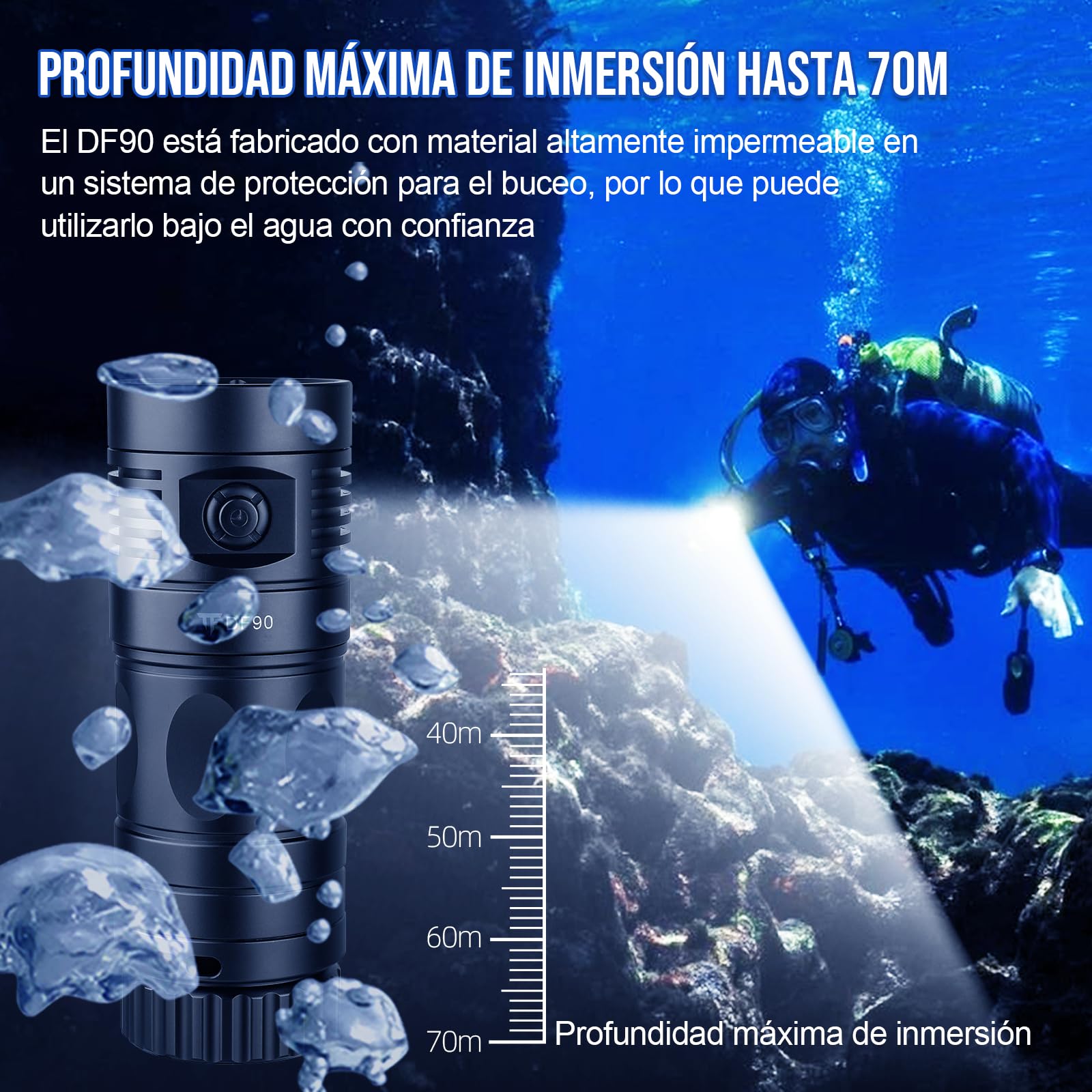 TrustFire DF90 Kit Linterna de Buceo, Foco de Buceo Recargable 15000 Lúmenes, Linterna Sumergible 70M Impermeable, 3 Tipos Diferentes de Iluminación（Luz de Blanca, UV, Roja）