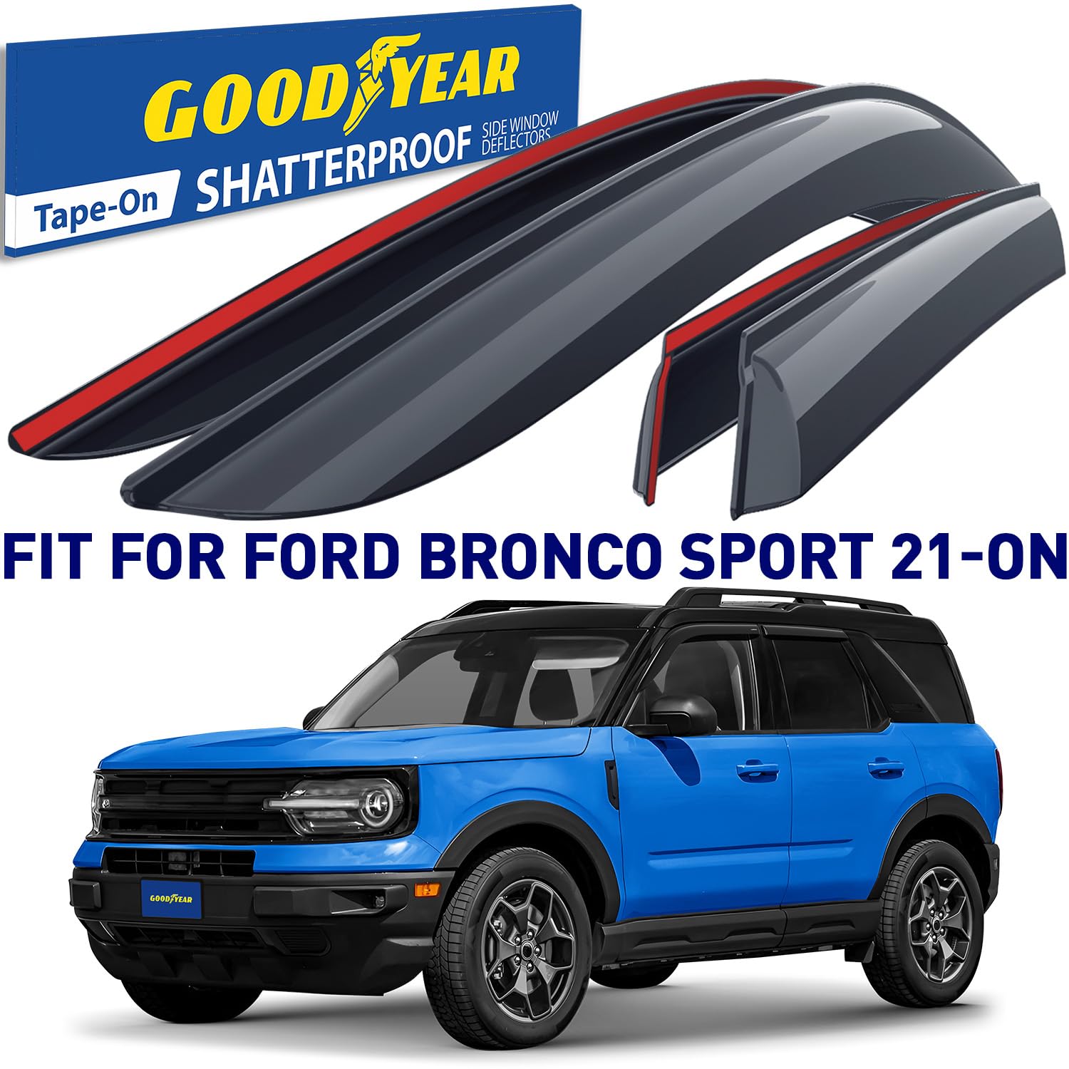 Black Horse Smoke Rain Guards For 2021-2024 Ford Bronco Sport - 4-Piece Tape-On Window Deflectors