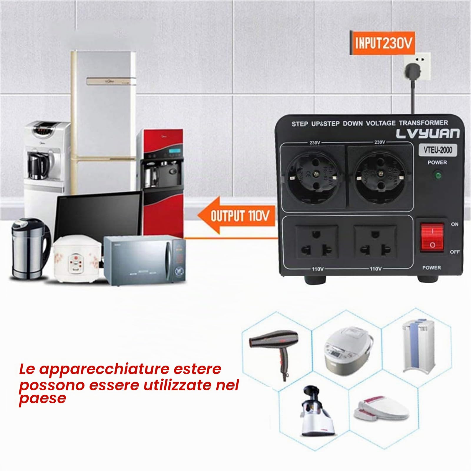 Trasformatore di tensione 2000 VA 110 Volt USA 2000 Watt – In: 110 V o 220 V / Out: 110 V e 220 V – Cantonape 2000 W